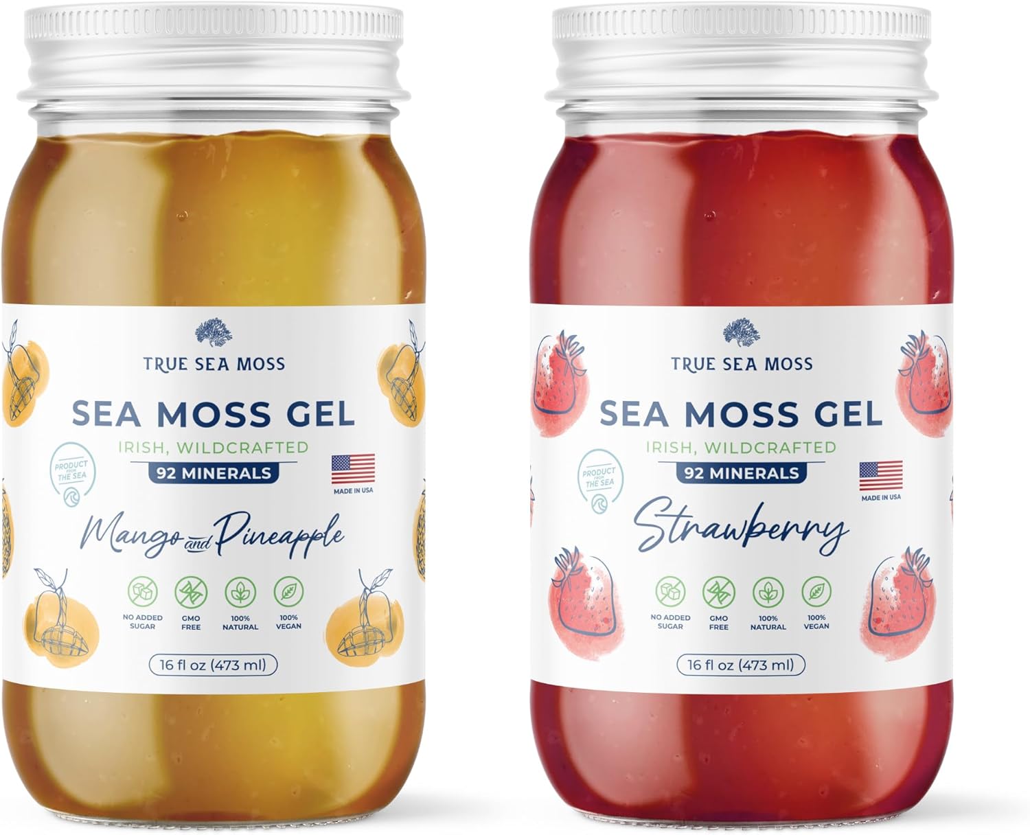 Organic Wildcrafted Irish Sea Moss Gel Bundle with Mango and Strawberry - Rich in Minerals, Proteins & Vitamins