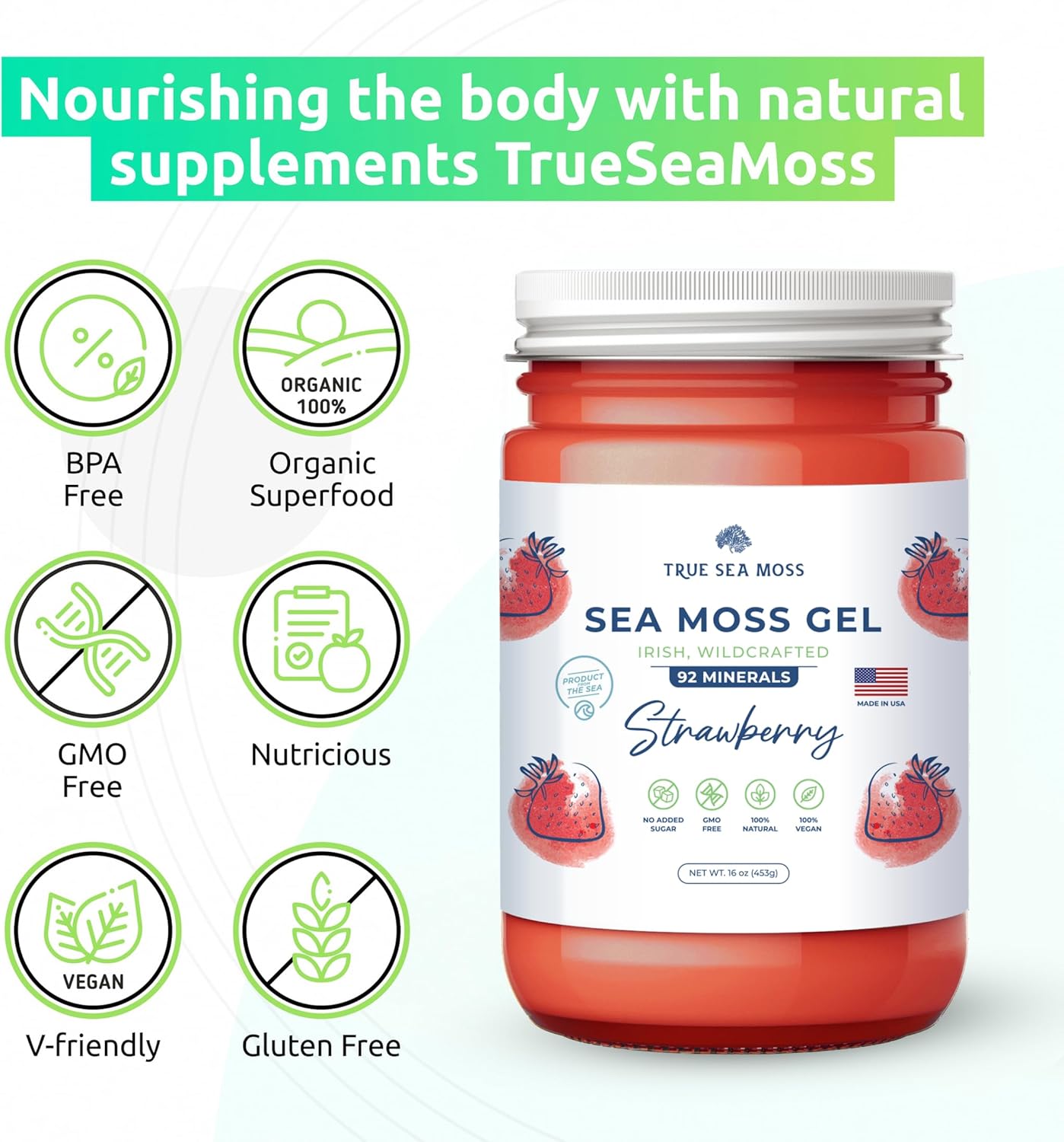 Organic Wildcrafted Irish Sea Moss Gel Bundle with Mango and Strawberry - Rich in Minerals, Proteins & Vitamins