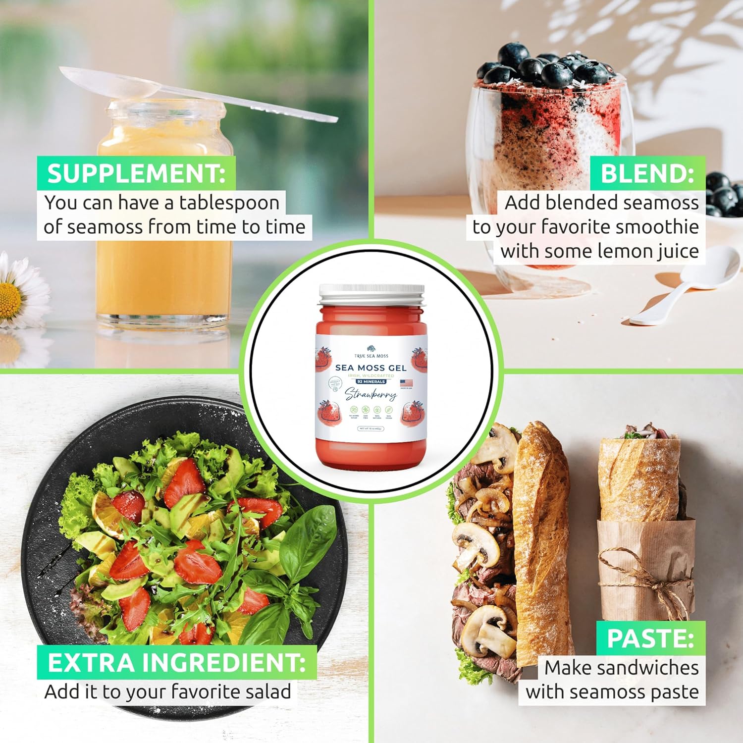 Organic Wildcrafted Irish Sea Moss Gel Bundle with Mango and Strawberry - Rich in Minerals, Proteins & Vitamins