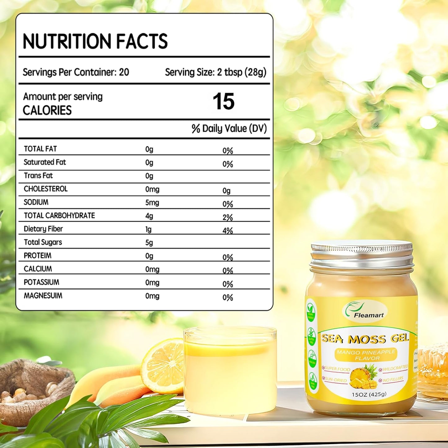 Organic Wildcrafted Sea Moss Gel with Mango Pineapple Flavor - 15OZ Vegan Superfood Rich in Vitamins and Minerals