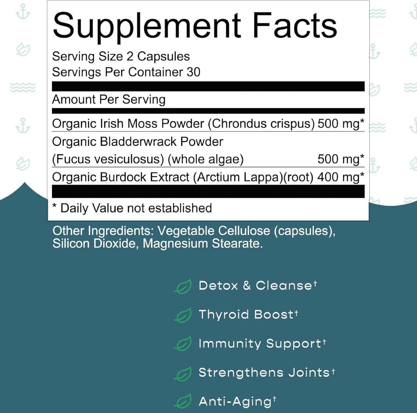 Organic Wildcrafted Vegetable Capsules with Irish Sea Moss, Bladderwrack & Burdock Root - Immune Support, Healthy Skin & Energy - 60 Capsules, 1500MG - Immunity Booster