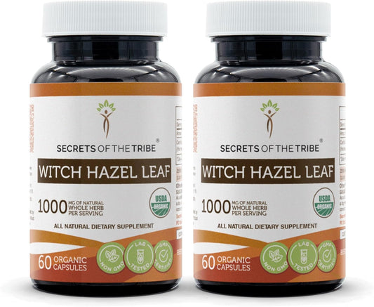 Organic Witch Hazel Leaf Capsules - 1000mg (2x60) - USDA Certified - Secrets of the Tribe
