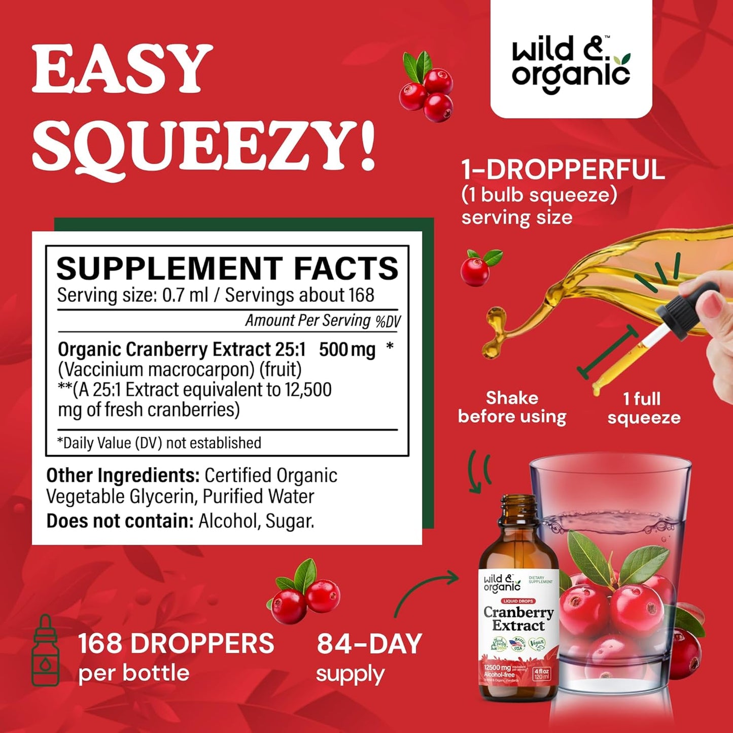 Organic Women's Cranberry Concentrate Liquid Drops - 12,500 mg for Urinary Tract Support - Vegan, Sugar & Alcohol-Free - 4 fl oz
