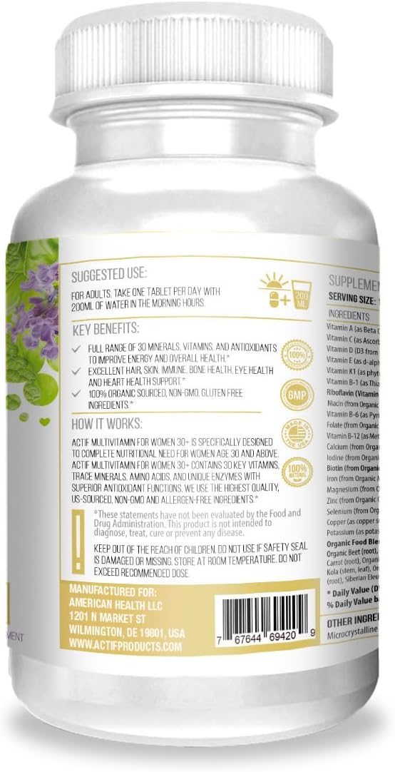 Organic Women's Multivitamin 30+ with 30 Vitamins, Herbs, Non-GMO - 2-Month Supply USA Made