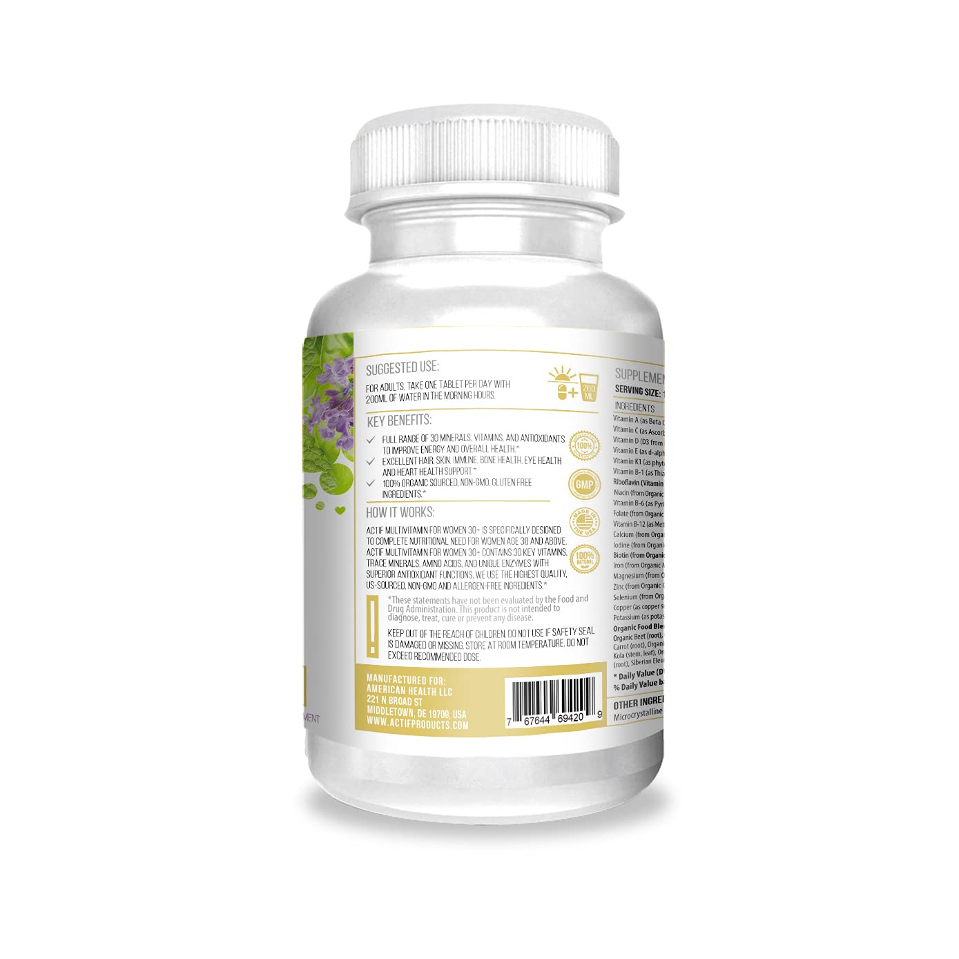 Organic Women's Multivitamin Age 30+ - 30 Vitamins & Herbs, Non-GMO, USA Made (2-Month Supply)