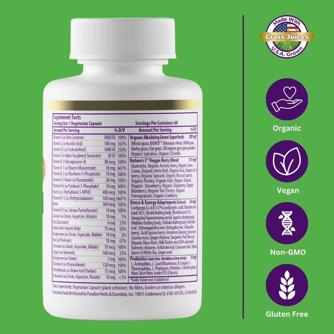 Organic Women's Once Daily Multivitamin with Iron, Probiotics, Antioxidants, 48 Superfoods, Vitamins A, B12, C, D, K2 - 60 Capsules