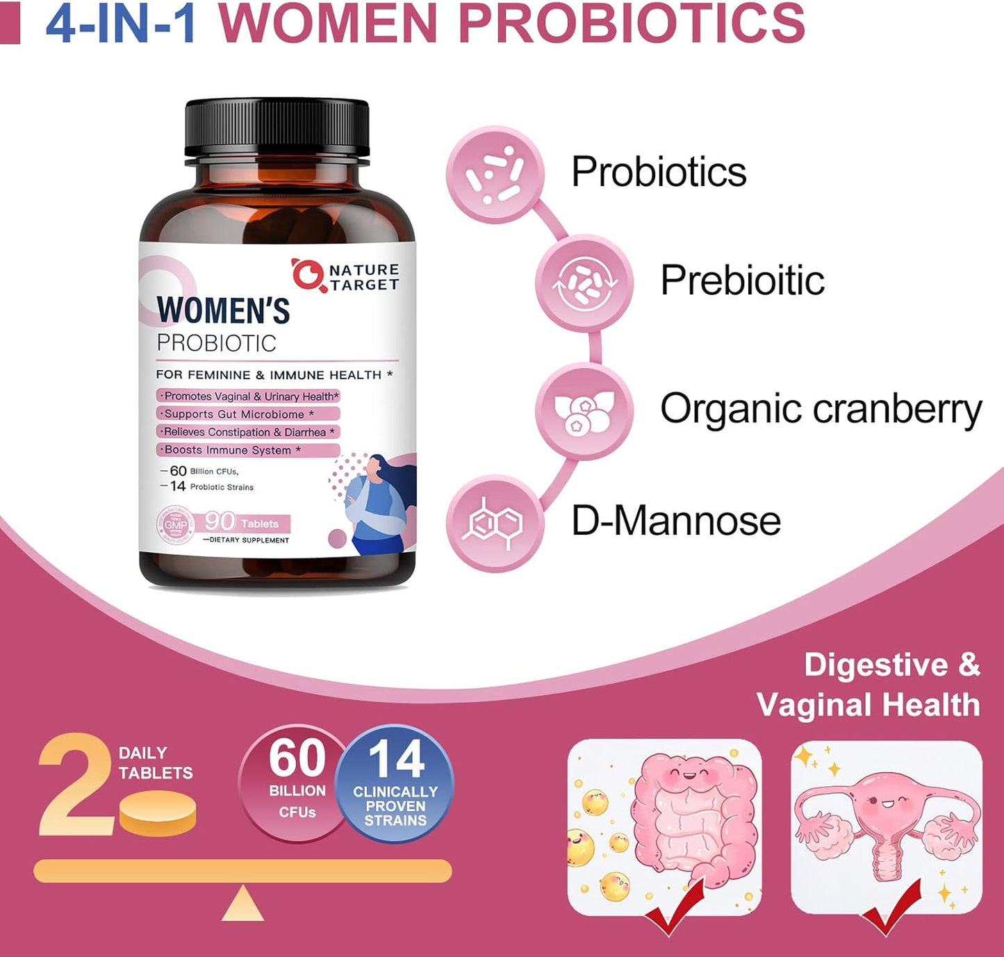 Organic Women's Probiotics with Cranberry & D-Mannose - 50 Billion CFUs for Digestive & Gut Health, Immune Support, Weight Management