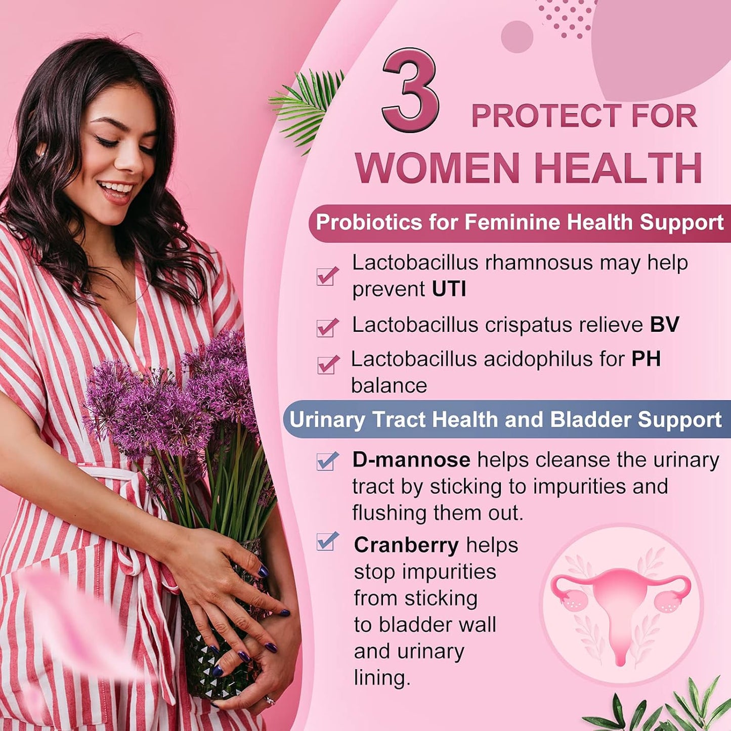 Organic Women's Probiotics with Cranberry & D-Mannose - 50 Billion CFUs for Digestive & Gut Health, Immune Support, Weight Management