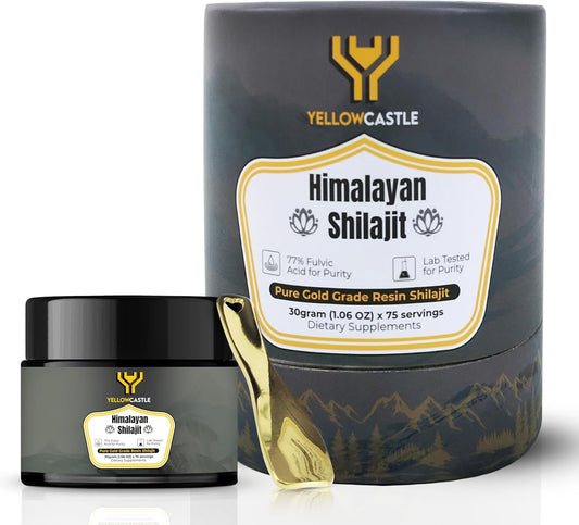 Organic Yellow Castle Himalayan Shilajit Resin - High Potency for Energy Boost & Immune Support | Pure Shilajit with 85+ Trace Minerals and 75%+ Fulvic Acid - 75 Servings, 400mg - Men & Women Friendly