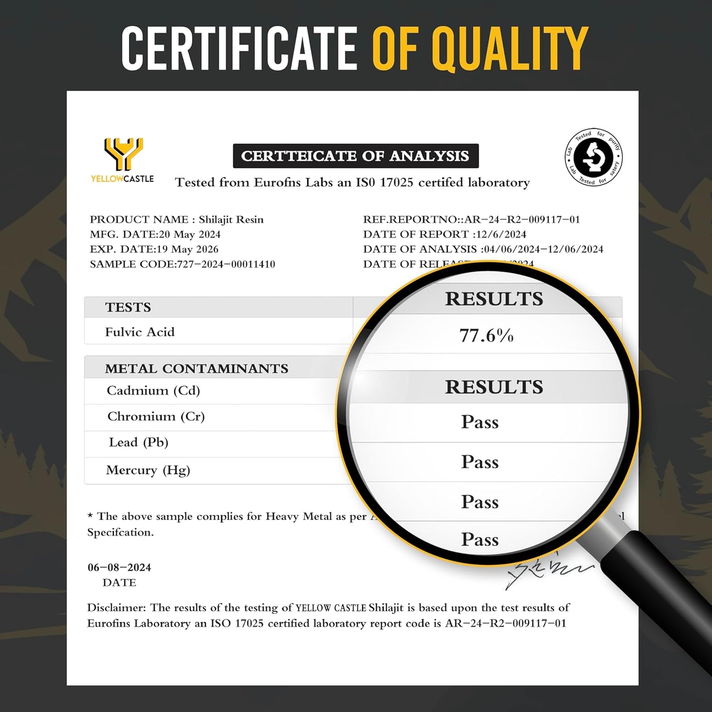 Organic Yellow Castle Himalayan Shilajit Resin - High Potency for Energy Boost & Immune Support | Pure Shilajit with 85+ Trace Minerals and 75%+ Fulvic Acid - 75 Servings, 400mg - Men & Women Friendly