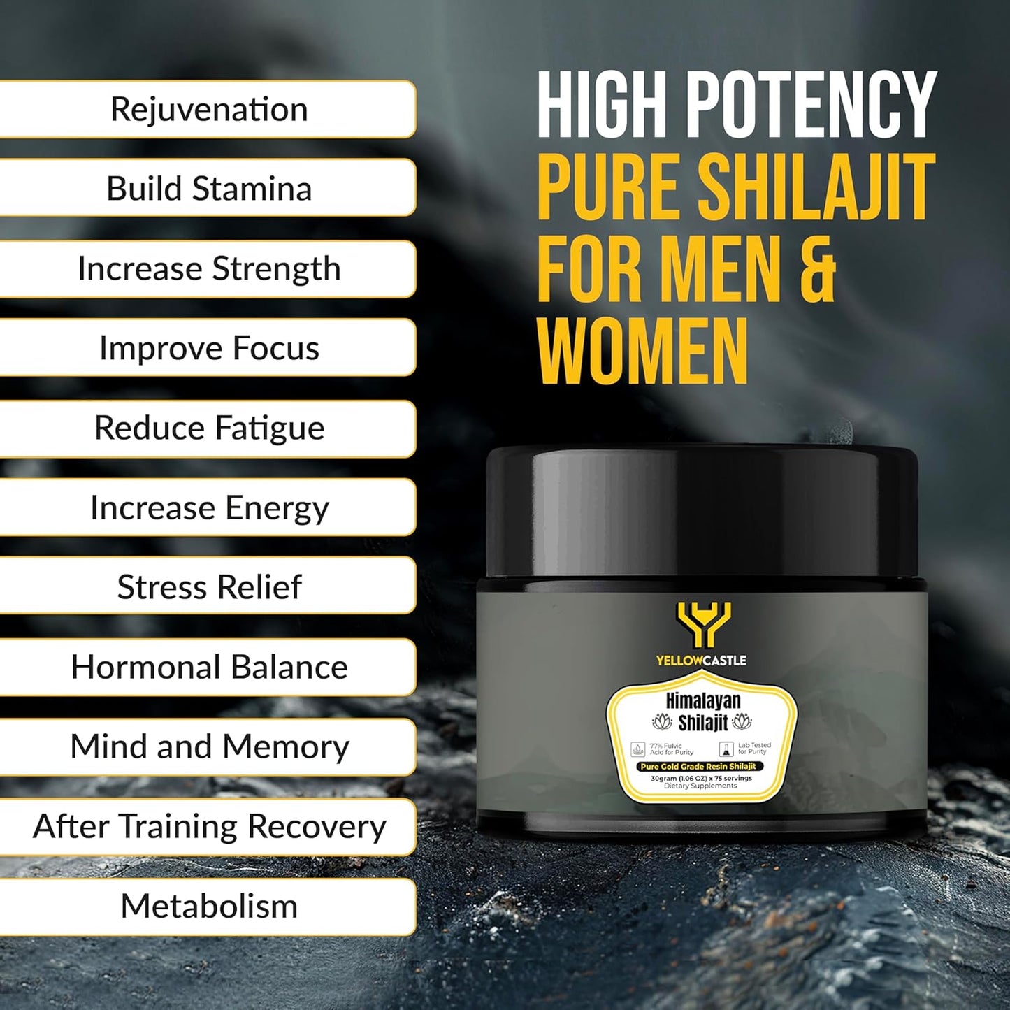 Organic Yellow Castle Himalayan Shilajit Resin - High Potency for Energy Boost & Immune Support | Pure Shilajit with 85+ Trace Minerals and 75%+ Fulvic Acid - 75 Servings, 400mg - Men & Women Friendly