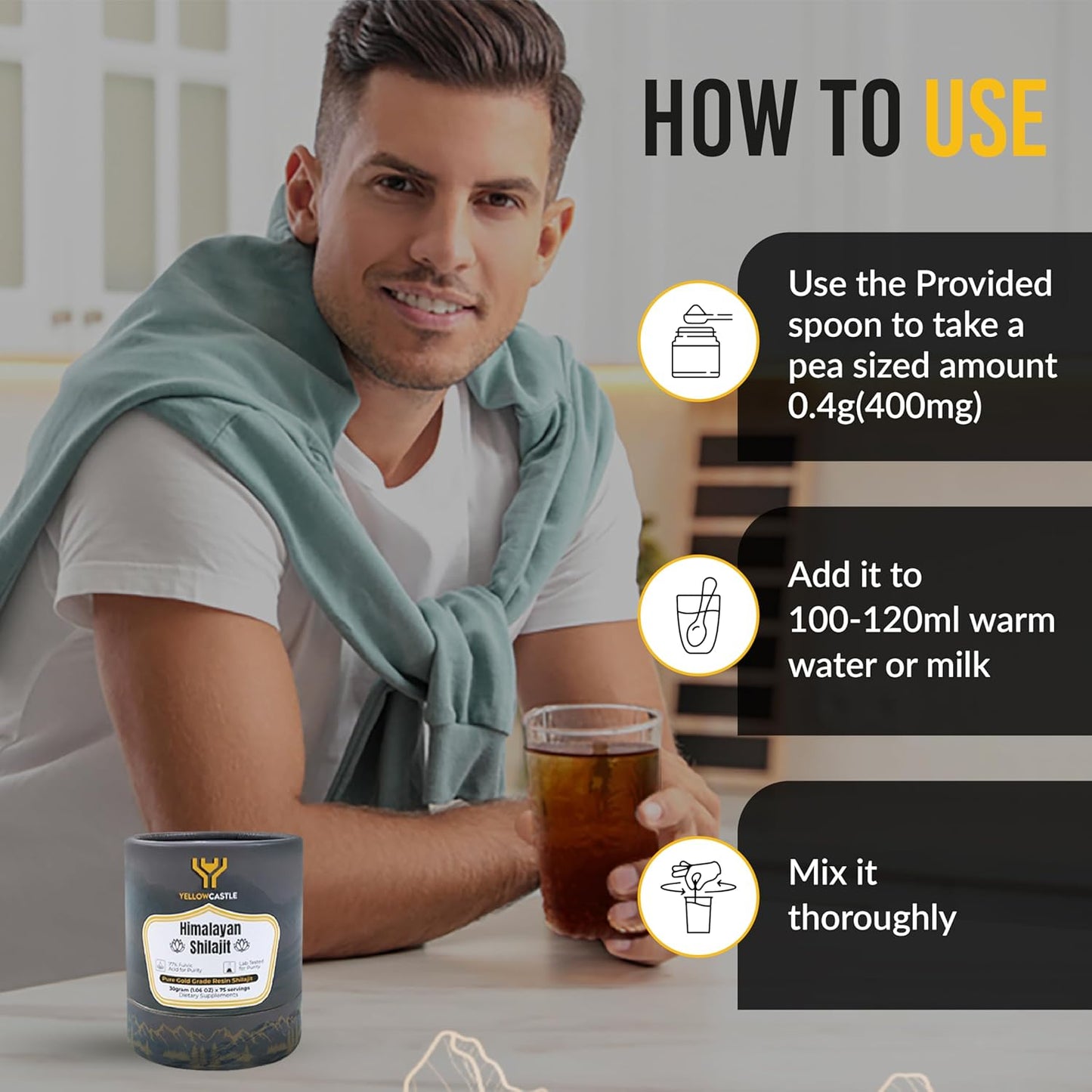 Organic Yellow Castle Himalayan Shilajit Resin - High Potency for Energy Boost & Immune Support | Pure Shilajit with 85+ Trace Minerals and 75%+ Fulvic Acid - 75 Servings, 400mg - Men & Women Friendly