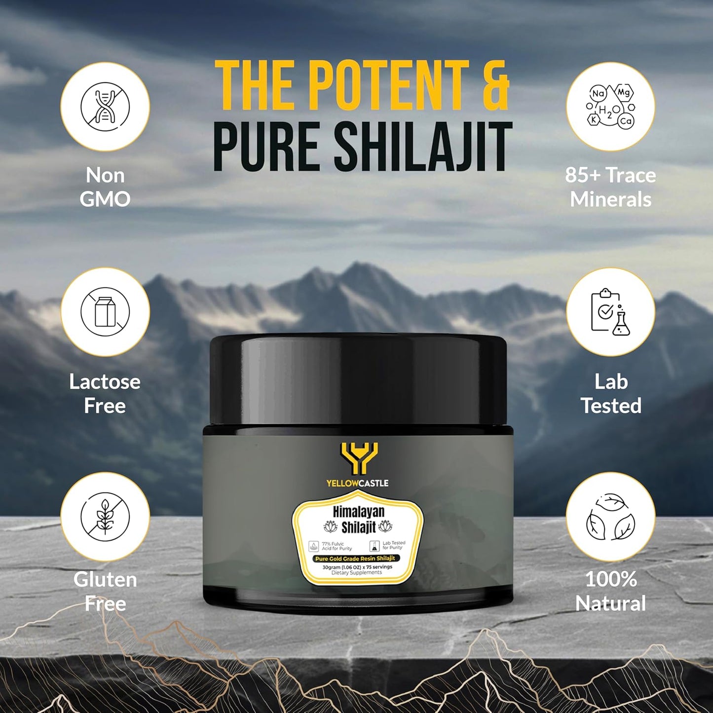 Organic Yellow Castle Himalayan Shilajit Resin - High Potency for Energy Boost & Immune Support | Pure Shilajit with 85+ Trace Minerals and 75%+ Fulvic Acid - 75 Servings, 400mg - Men & Women Friendly
