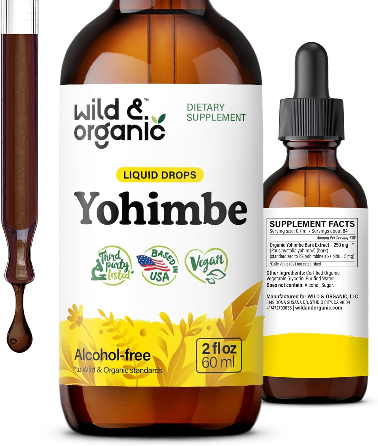 Organic Yohimbe Liquid Extract Drops - 5mg Yohimbine Tincture for Men & Women - Vegan, Alcohol-Free - 2 fl oz