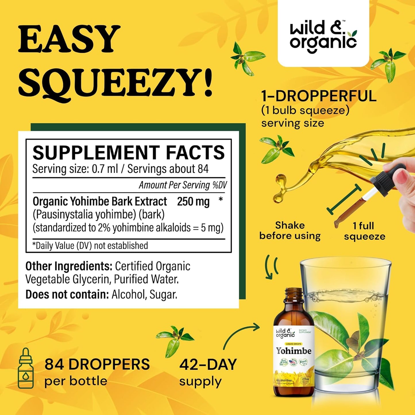 Organic Yohimbe Liquid Extract Drops - 5mg Yohimbine Tincture for Men & Women - Vegan, Alcohol-Free - 2 fl oz