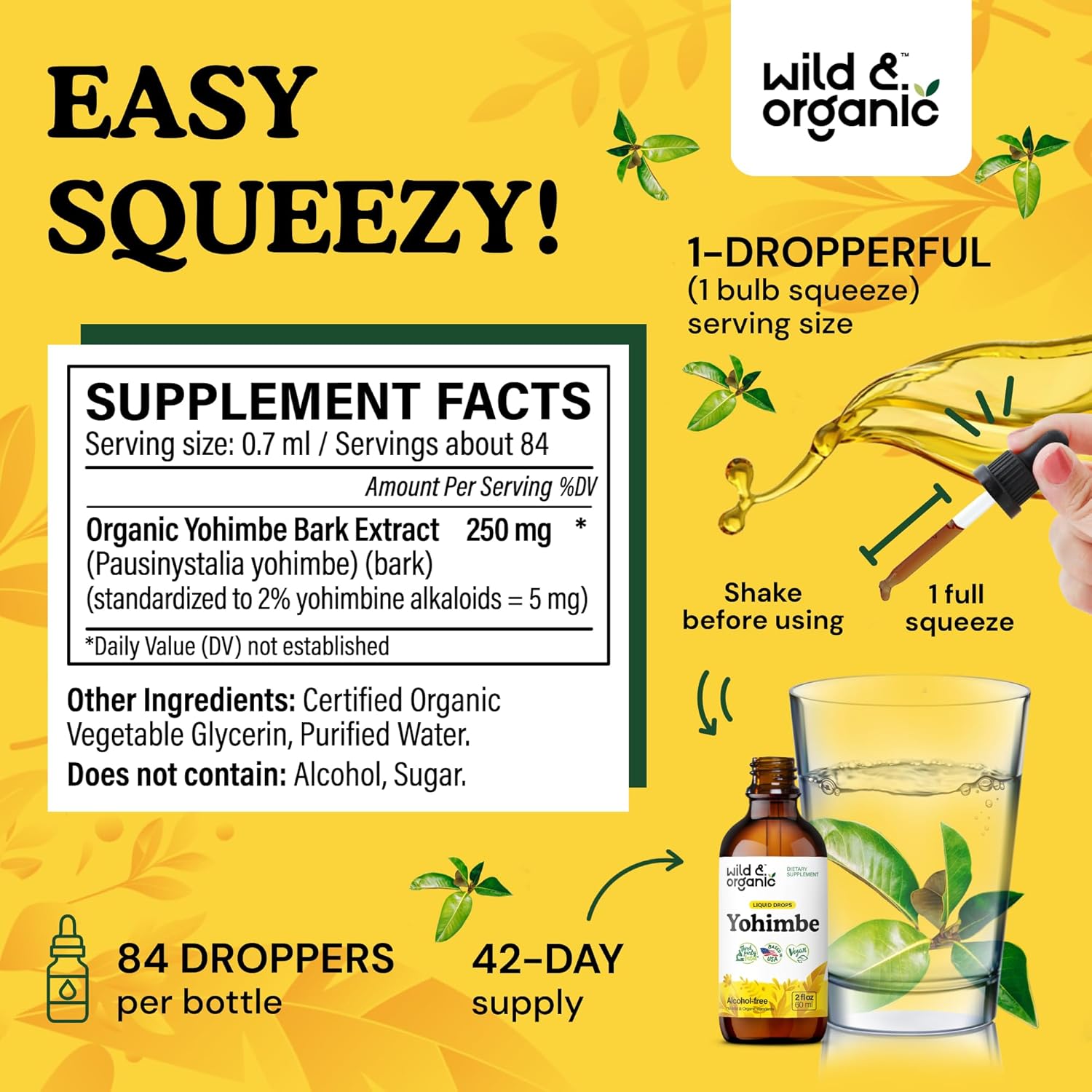 Organic Yohimbe Liquid Extract Drops - 5mg Yohimbine Tincture for Men & Women - Vegan, Alcohol-Free - 2 fl oz