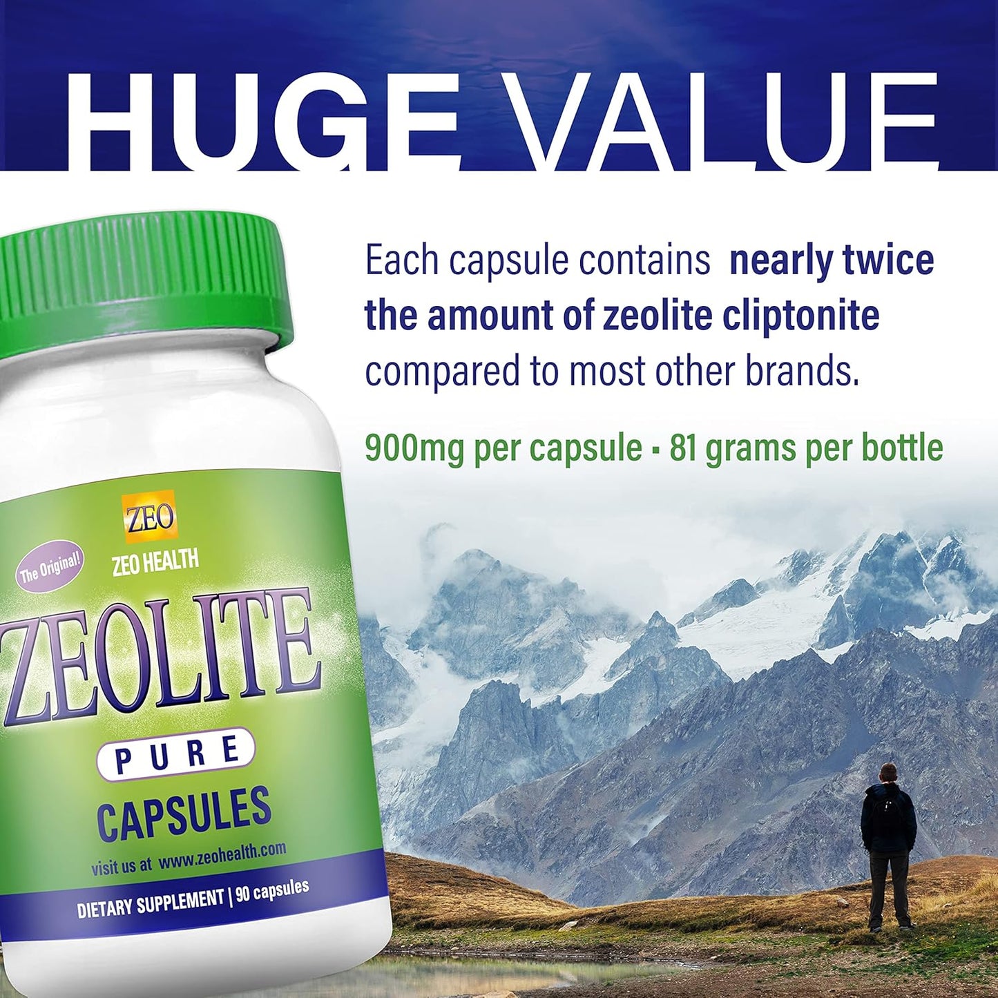 Organic Zeolite Pure Capsules for Full Body Cleanse - 90 Caps (81g) | Detox Supplement for Men & Women | Activated Clinoptilolite Powder | 6 Week to 3 Month Supply