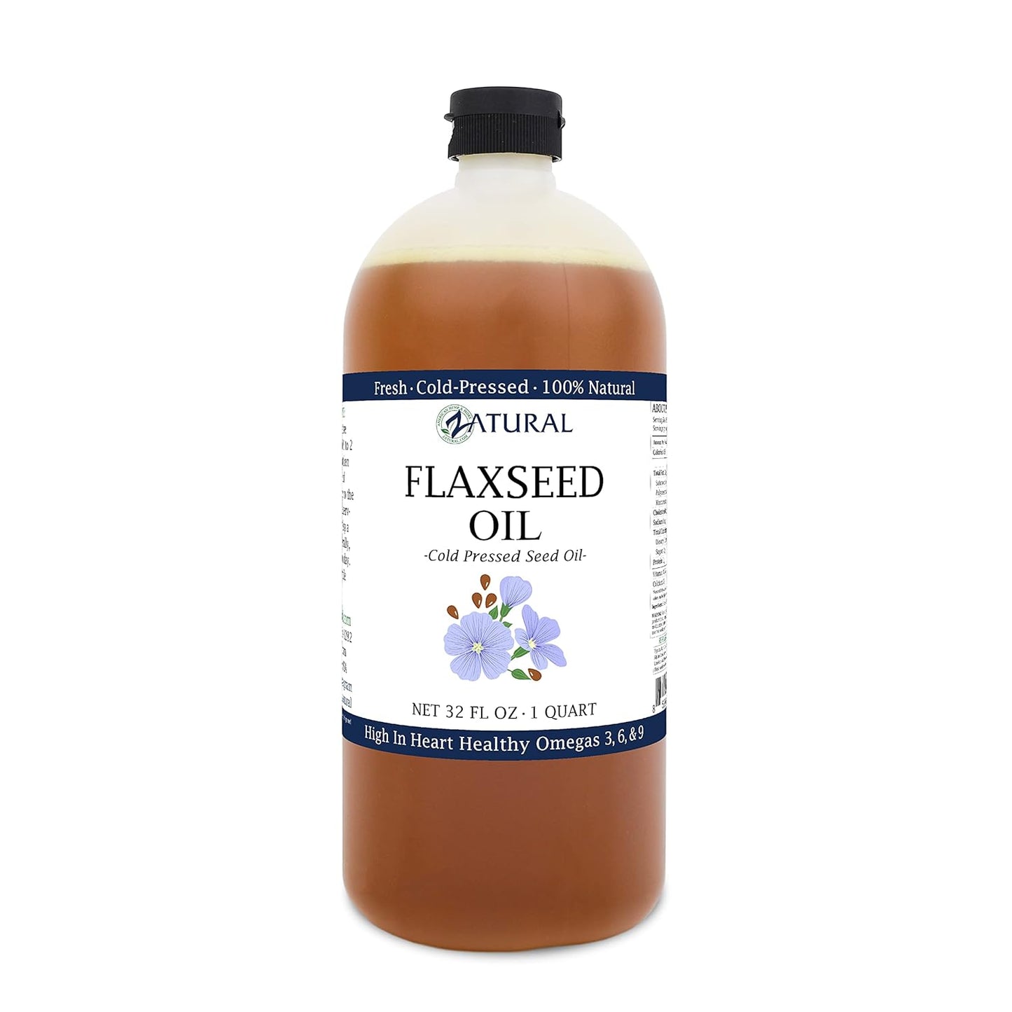 Organically Grown 100% Pure Cold Pressed Flaxseed Oil with Omega-Rich Fatty Acids - 32oz Bottle