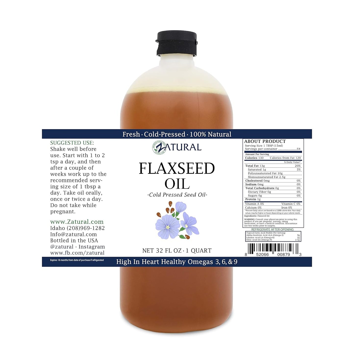Organically Grown 100% Pure Cold Pressed Flaxseed Oil with Omega-Rich Fatty Acids - 32oz Bottle