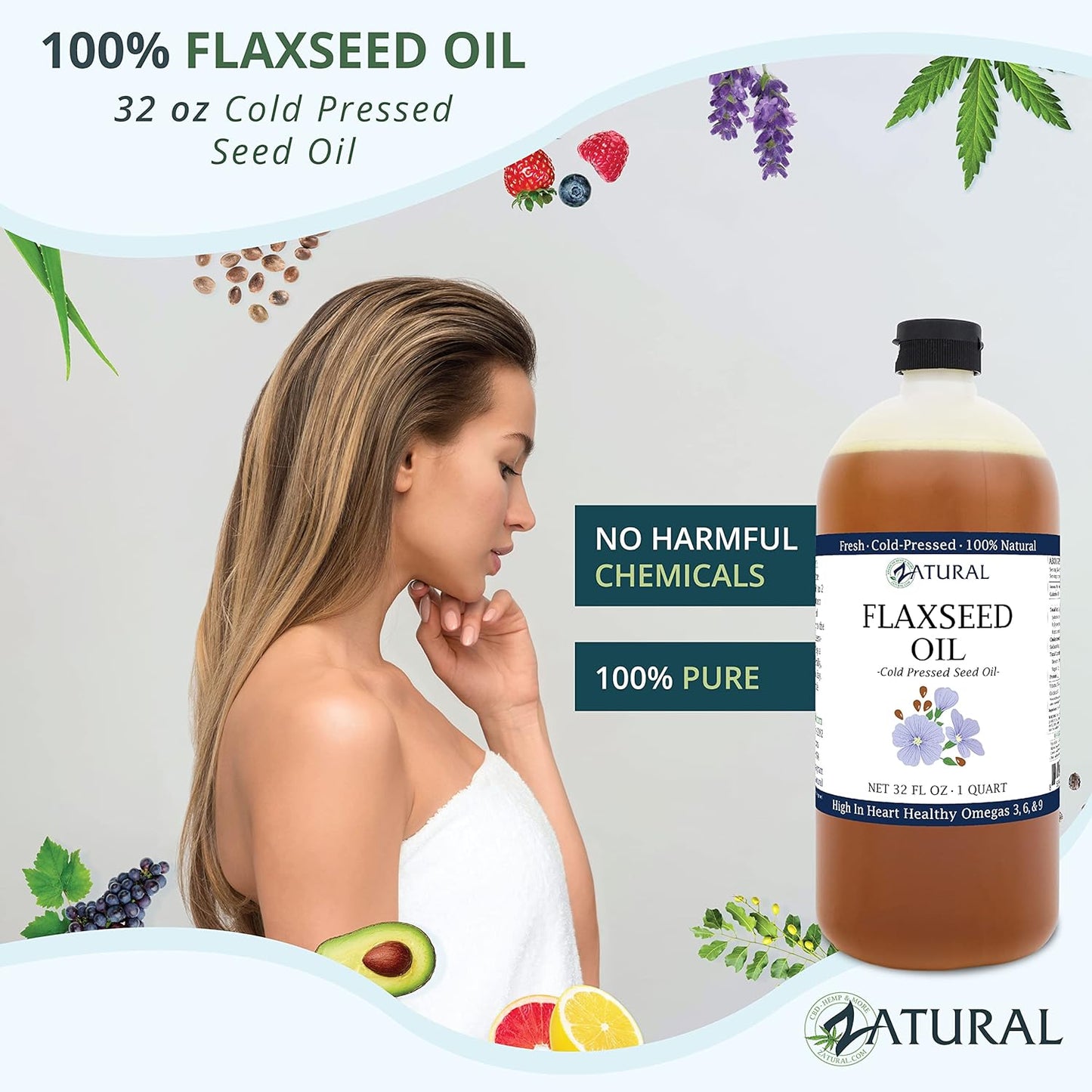Organically Grown 100% Pure Cold Pressed Flaxseed Oil with Omega-Rich Fatty Acids - 32oz Bottle