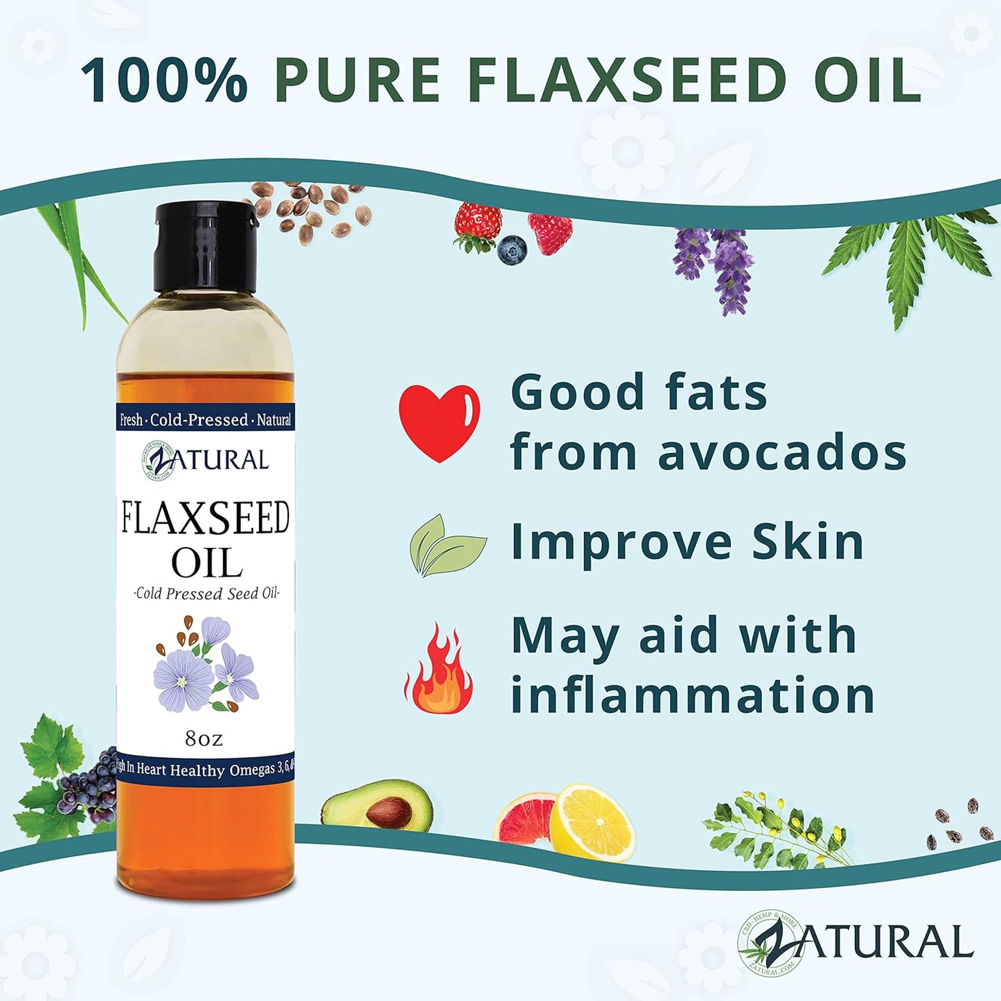 Organically Grown 100% Pure Cold Pressed Flaxseed Oil with Omega-Rich Fatty Acids - 32oz Bottle