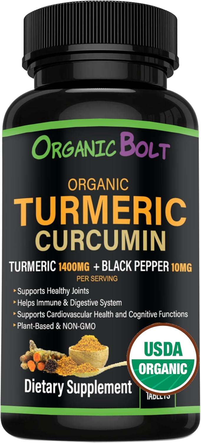 OrganicBolt Turmeric Curcumin Supplement with Black Pepper 1400mg Strengthens Joints | USDA Organic, Gluten-Free, Non-GMO | 60 Tablets, 30 Servings