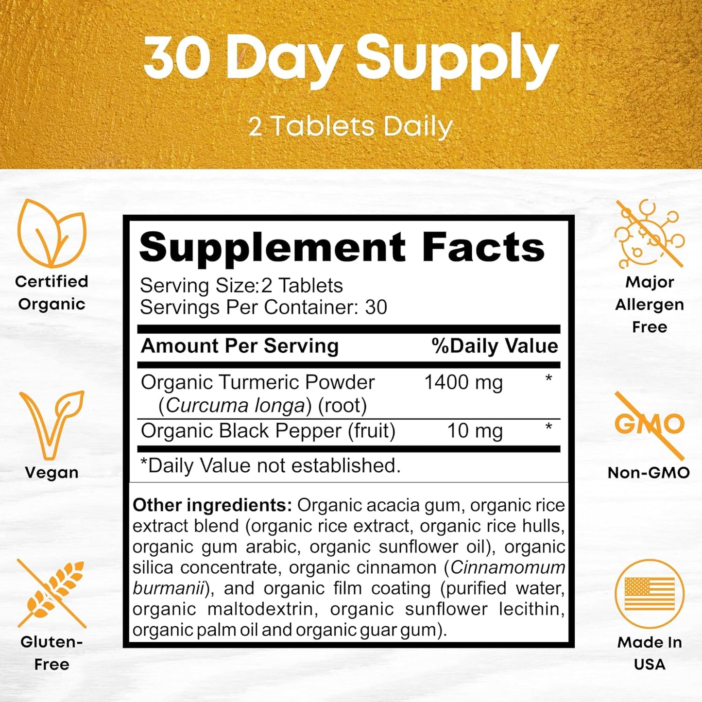 OrganicBolt Turmeric Curcumin Supplement with Black Pepper 1400mg Strengthens Joints | USDA Organic, Gluten-Free, Non-GMO | 60 Tablets, 30 Servings