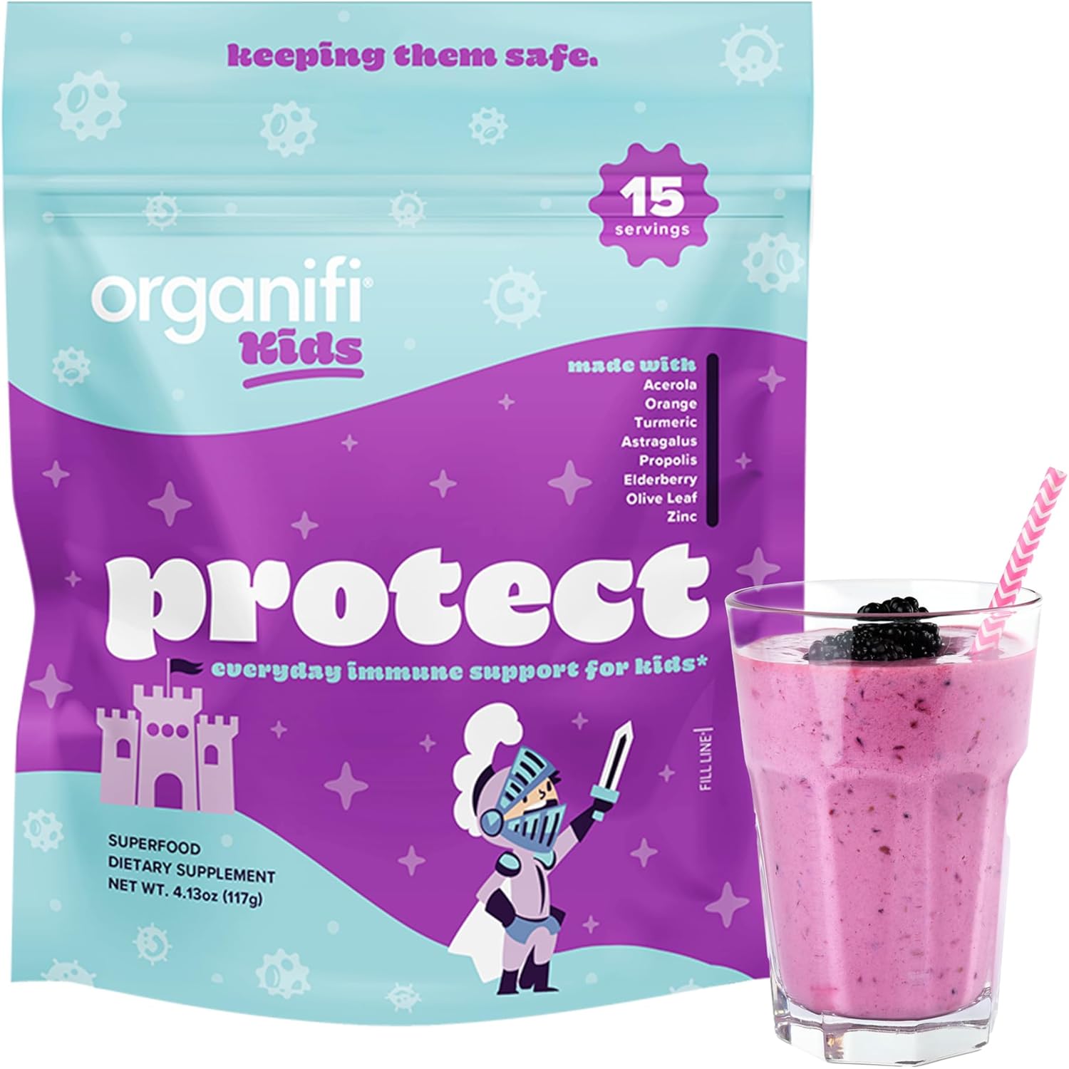 Organifi Kids Protect Immune Support Powder with Elderberry, Acerola Cherry, and Zinc - Berry Flavored, Plant-Based, Vegan - 15 Servings