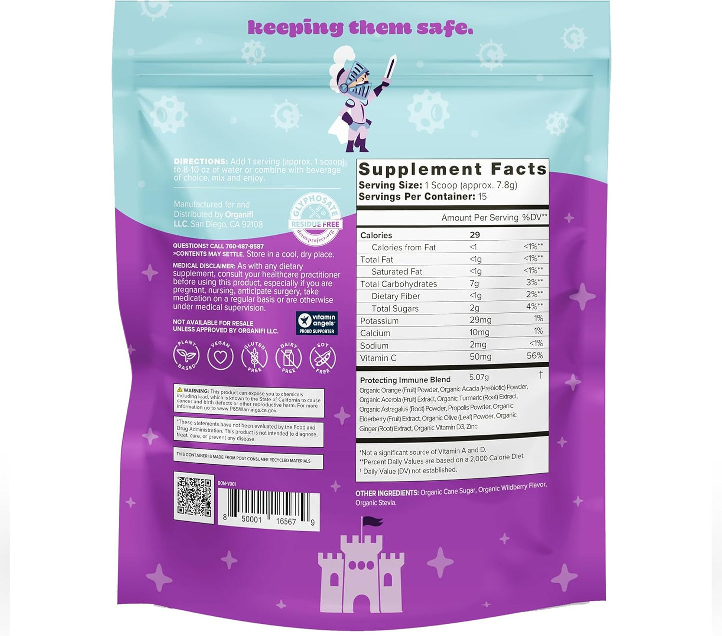 Organifi Kids Protect Immune Support Powder with Elderberry, Acerola Cherry, and Zinc - Berry Flavored, Plant-Based, Vegan - 15 Servings
