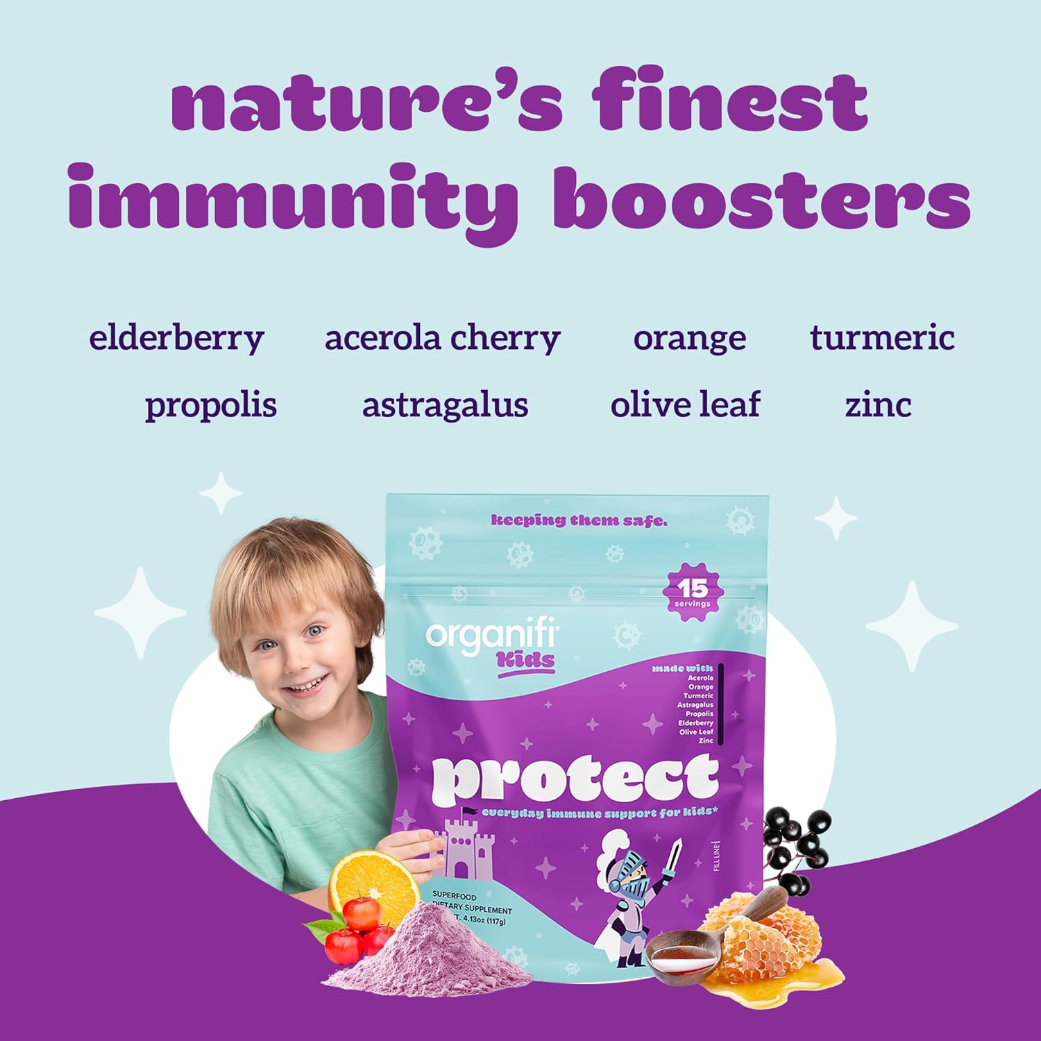 Organifi Kids Protect Immune Support Powder with Elderberry, Acerola Cherry, and Zinc - Berry Flavored, Plant-Based, Vegan - 15 Servings