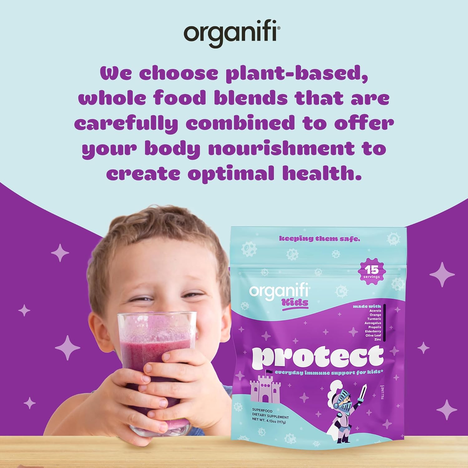 Organifi Kids Protect Immune Support Powder with Elderberry, Acerola Cherry, and Zinc - Berry Flavored, Plant-Based, Vegan - 15 Servings