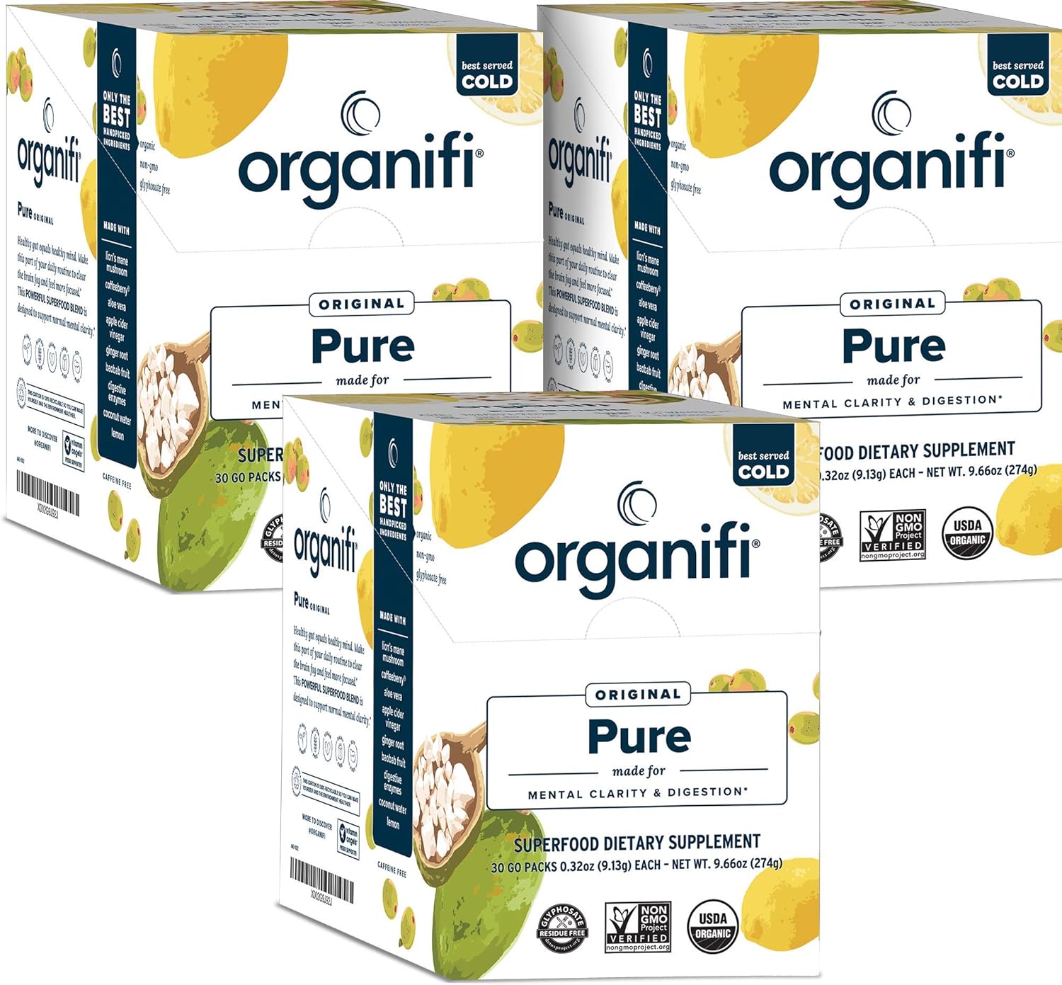 Organifi Pure Smart Packs: Organic Lemon Flavor for Daily Brain and Immunity Support, 3 Pack