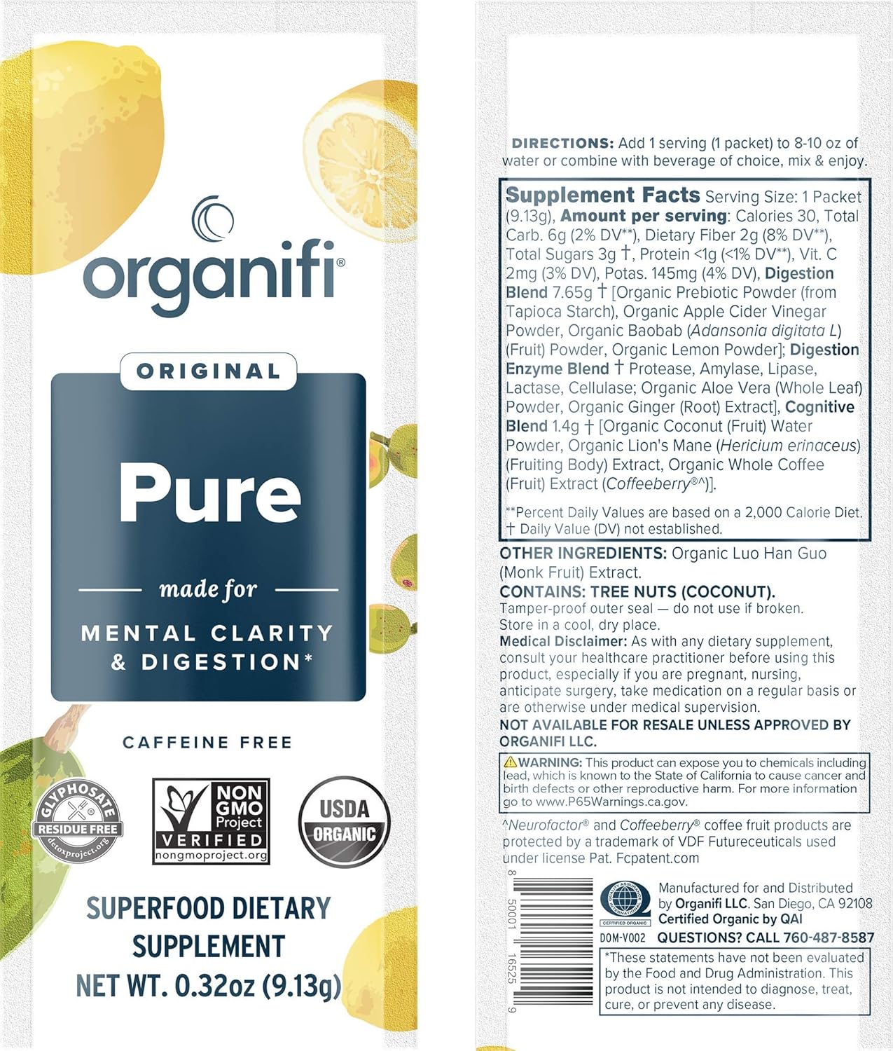 Organifi Pure Smart Packs: Organic Lemon Flavor for Daily Brain and Immunity Support, 3 Pack