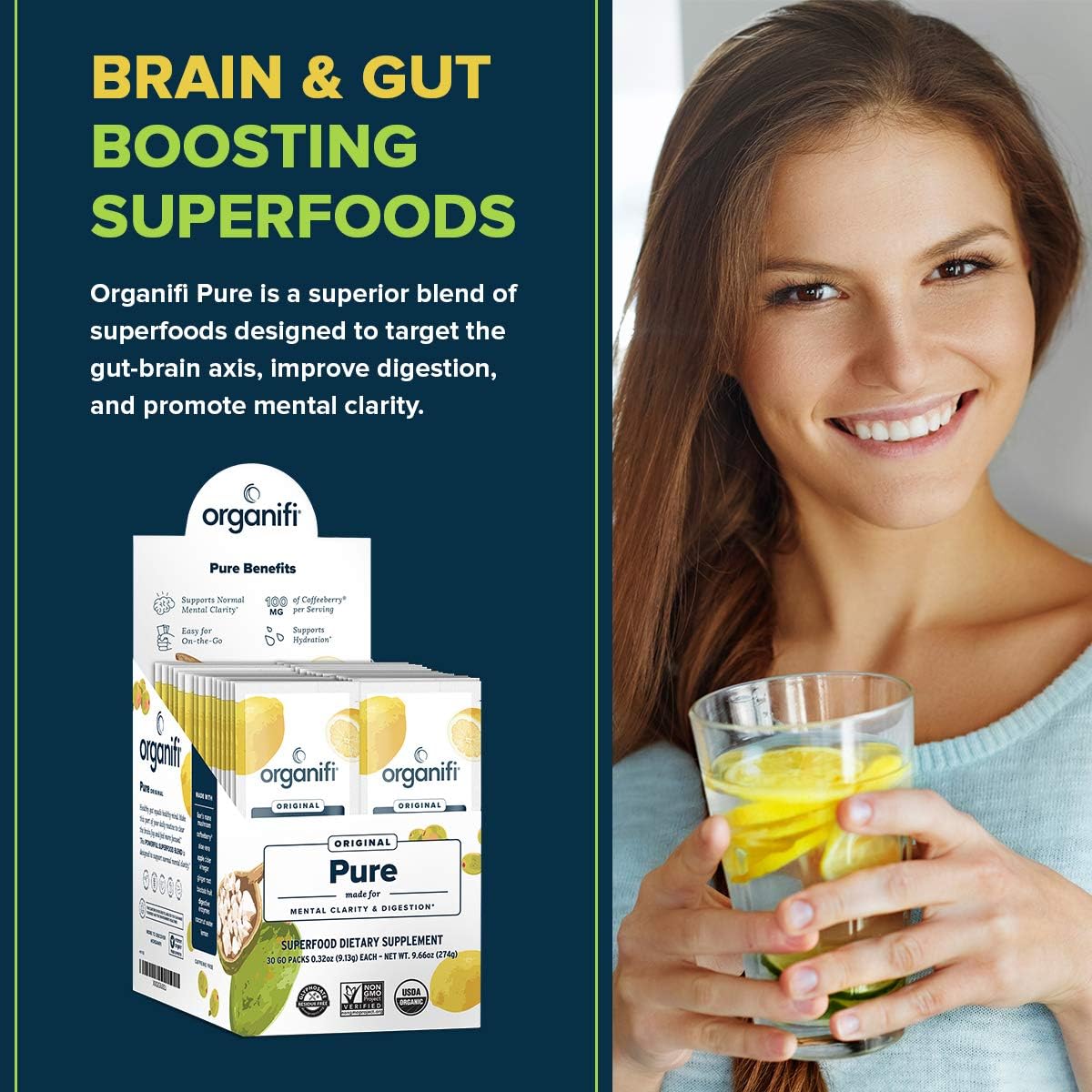 Organifi Pure Smart Packs: Organic Lemon Flavor for Daily Brain and Immunity Support, 3 Pack