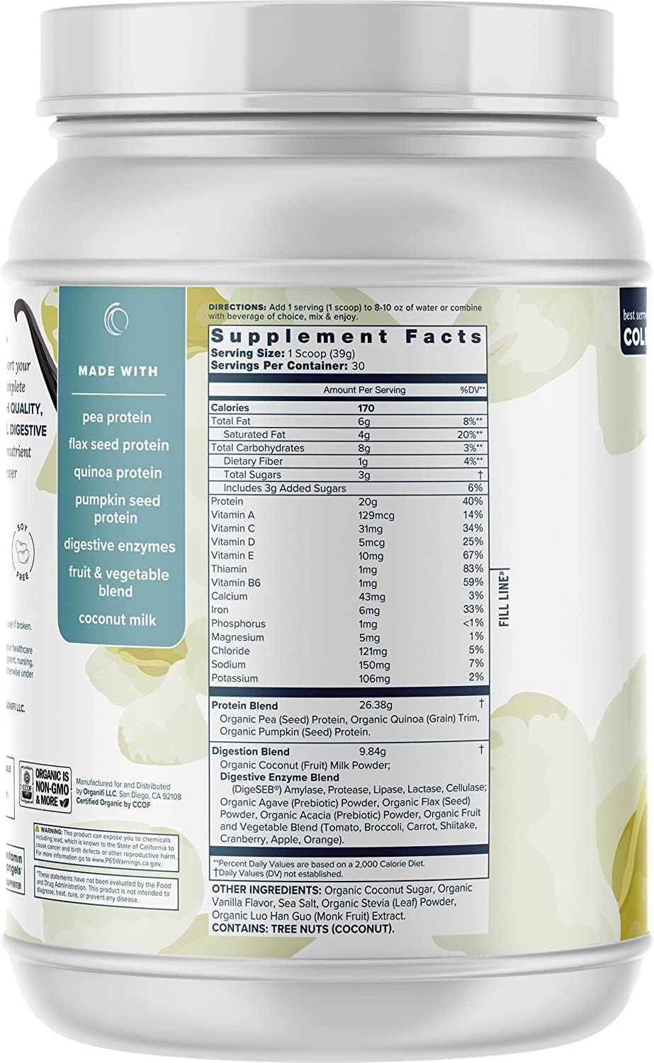 Organifi Vanilla Flavor Plant Based Protein Powder with Digestive Enzymes - Vegan Organic Blend, 30 Day Supply - No Soy, Dairy, Gluten