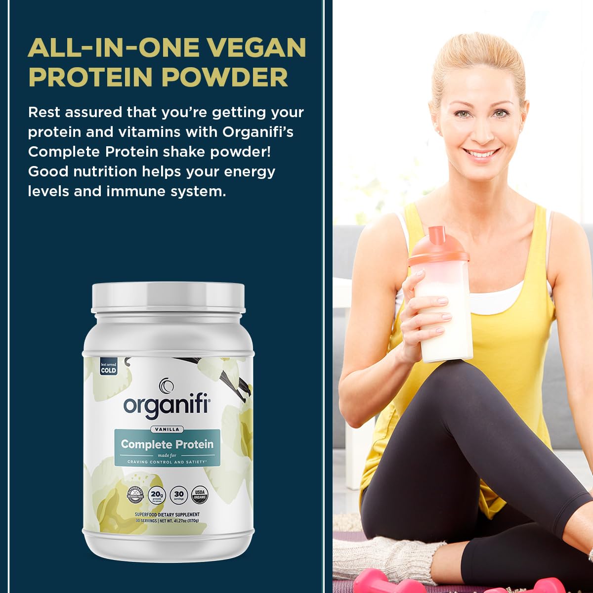 Organifi Vanilla Flavor Plant Based Protein Powder with Digestive Enzymes - Vegan Organic Blend, 30 Day Supply - No Soy, Dairy, Gluten