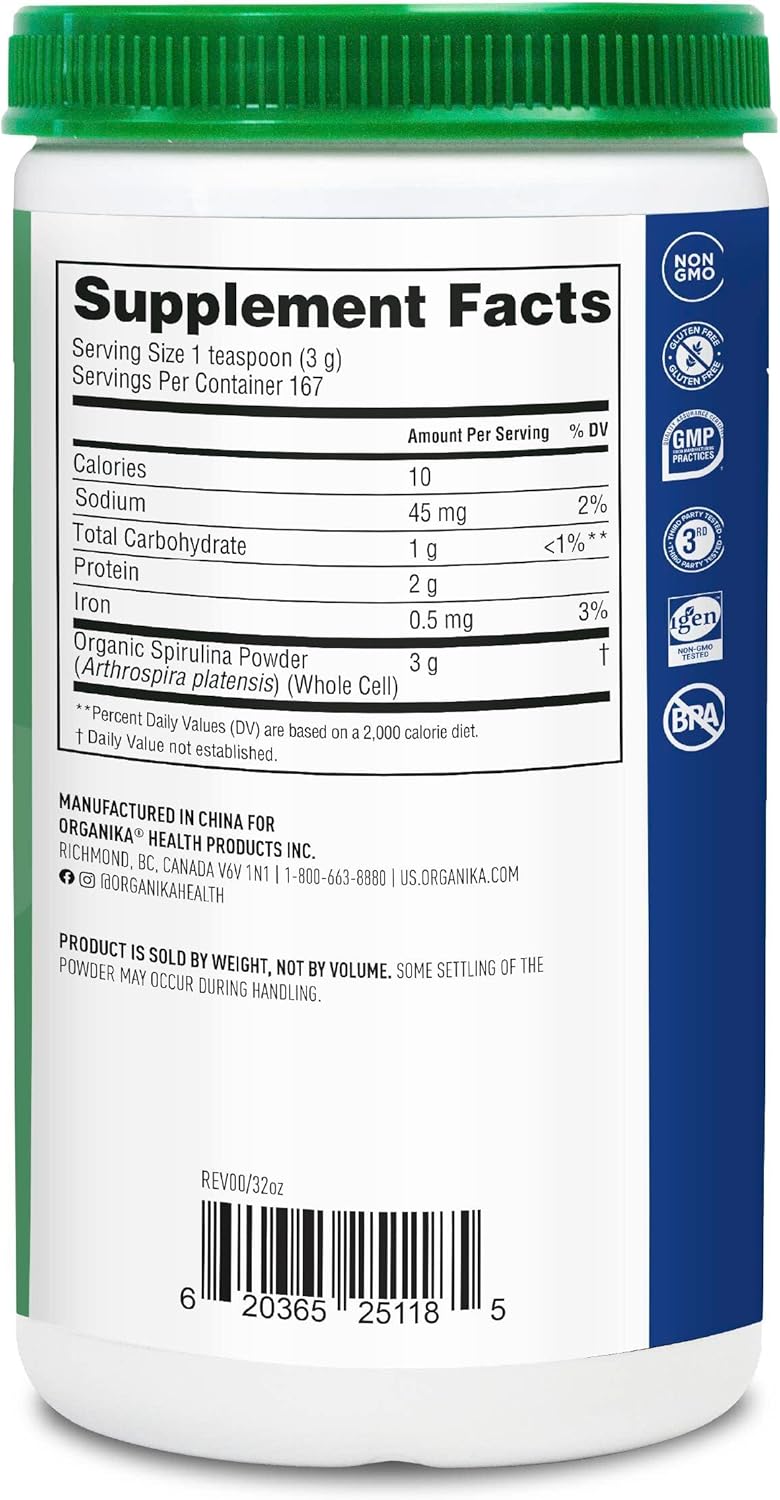 Organika Certified Organic Spirulina Powder - 500g Superfood, Vegan, Pristine Sourcing, 3rd Party Tested
