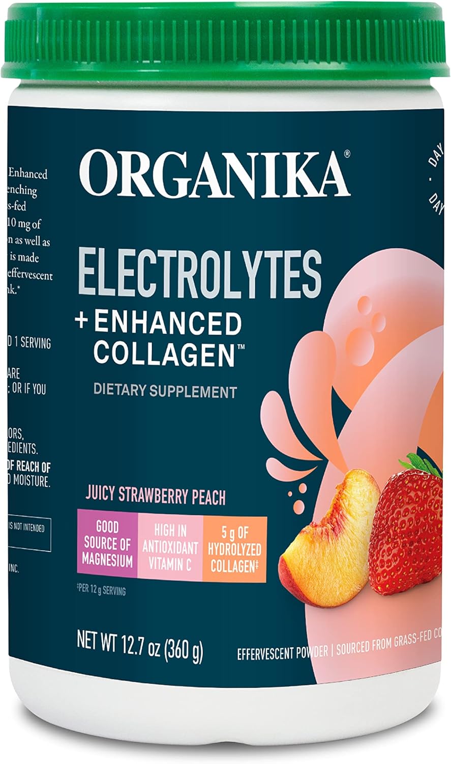 Organika Electrolytes + Enhanced Collagen Strawberry Peach Flavor - Sugar-Free Hydration & Protein Supplement - 360g - 30 Servings