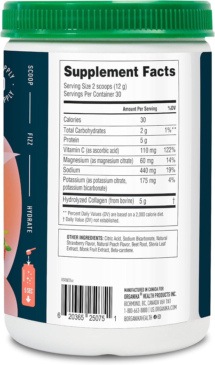 Organika Electrolytes + Enhanced Collagen Strawberry Peach Flavor - Sugar-Free Hydration & Protein Supplement - 360g - 30 Servings