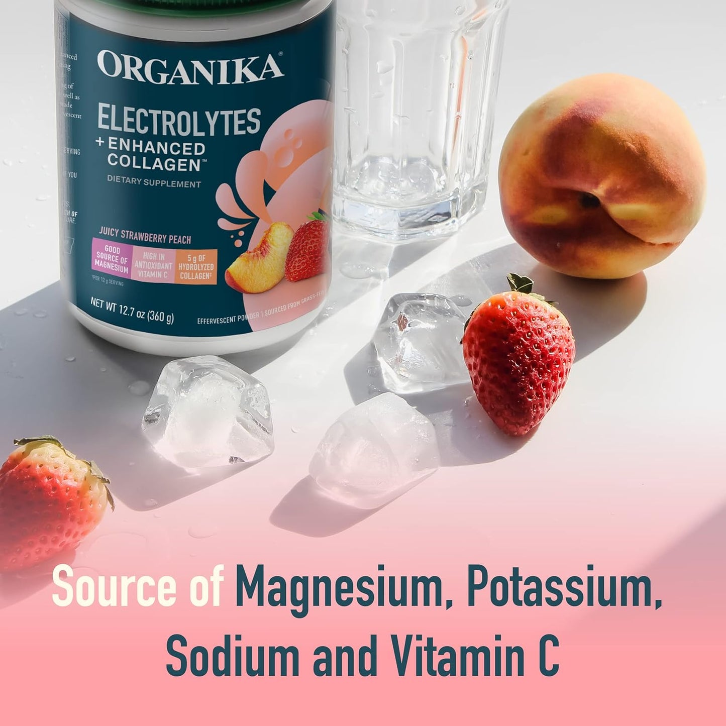 Organika Electrolytes + Enhanced Collagen Strawberry Peach Flavor - Sugar-Free Hydration & Protein Supplement - 360g - 30 Servings