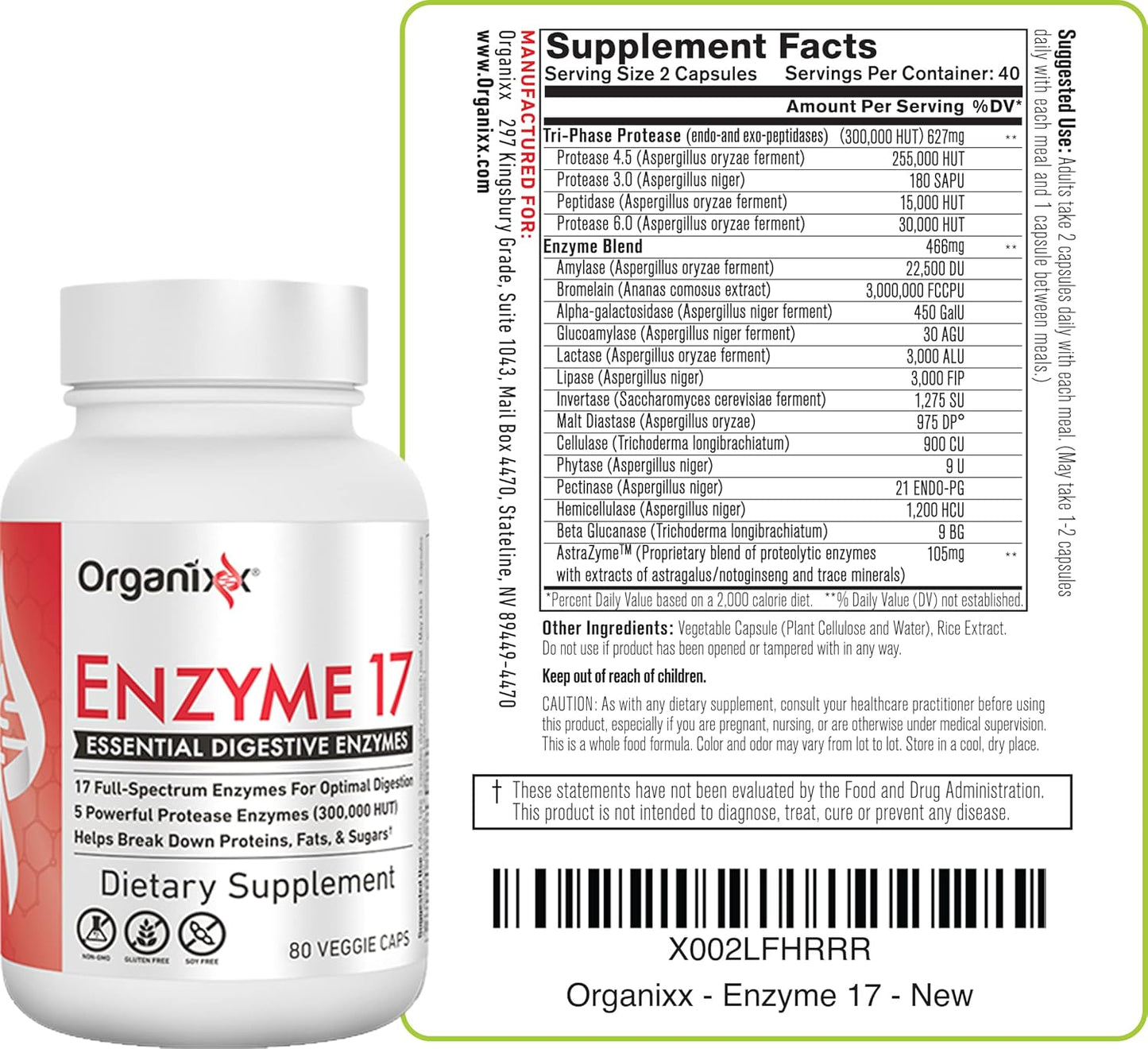 Organixx Enzyme 17 Digestive Enzymes for Gut Health, Bloating & Gas Relief - Vegan, Non GMO, 80 Capsules