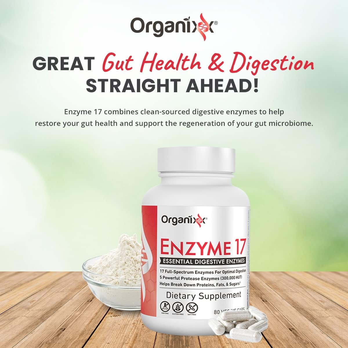 Organixx Enzyme 17 Digestive Enzymes for Gut Health, Bloating & Gas Relief - Vegan, Non GMO, 80 Capsules
