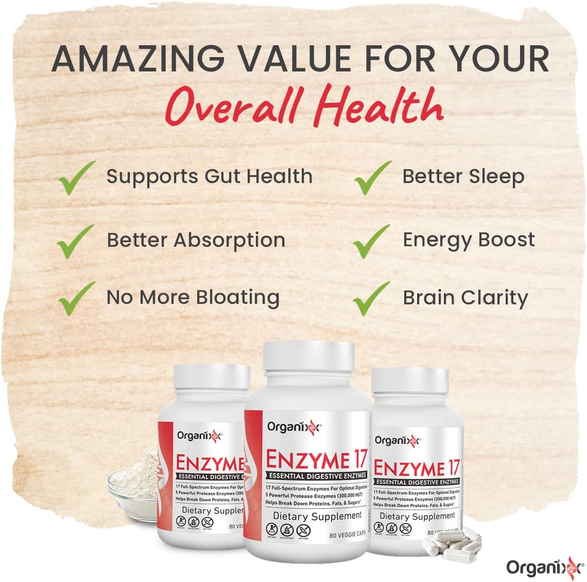 Organixx Enzyme 17 Digestive Enzymes for Gut Health, Bloating & Gas Relief - Vegan, Non GMO, 80 Capsules