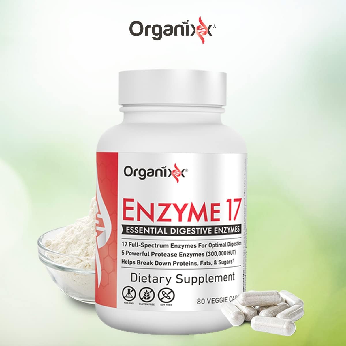Organixx Enzyme 17 Digestive Enzymes for Gut Health, Bloating & Gas Relief - Vegan, Non GMO, 80 Capsules