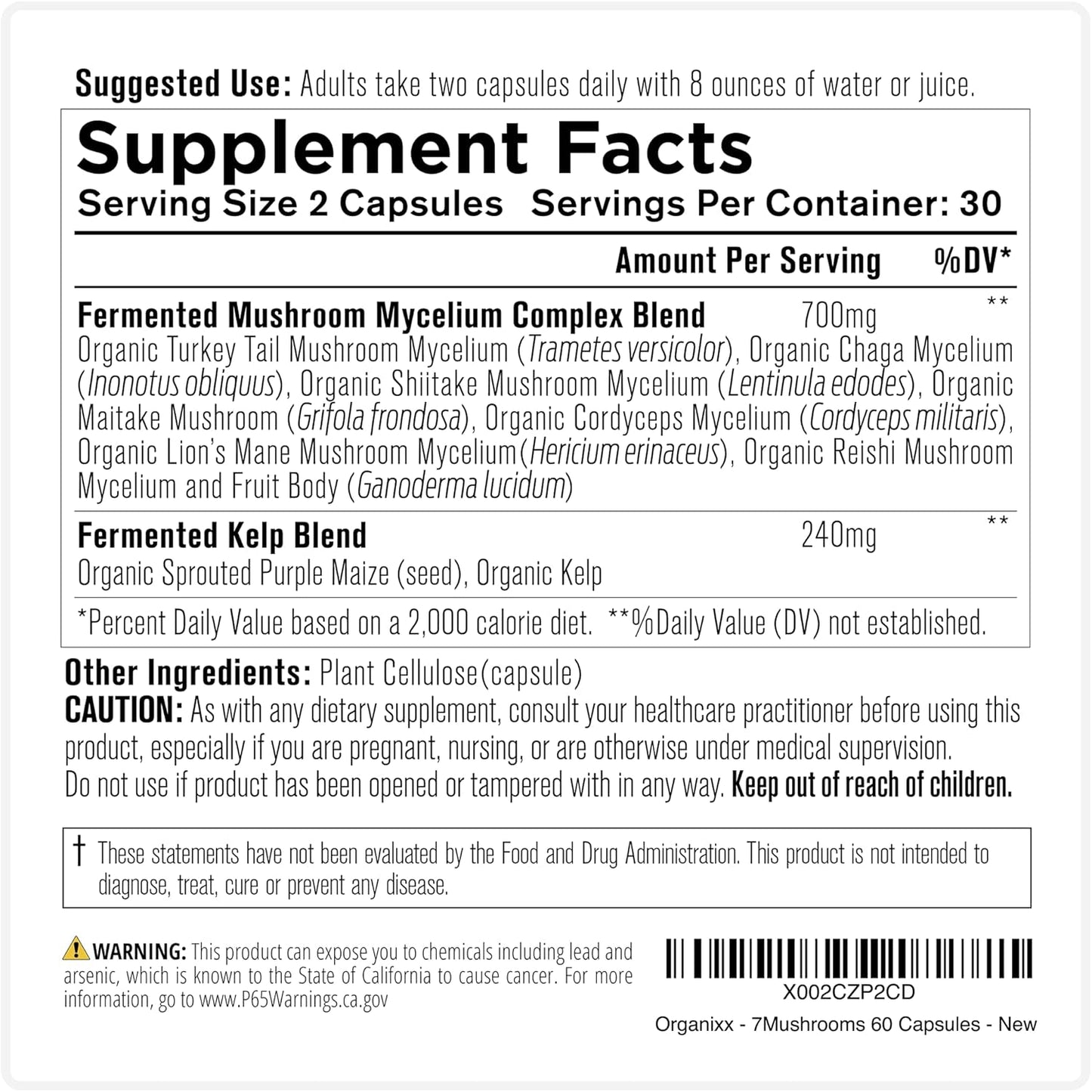 Organixx Organic Mushroom Supplement with 7 Fermented Mushrooms - Lions Mane, Shiitake, Cordyceps, Turkey Tail, Reishi - Immune & Digestive Support - 60 Capsules