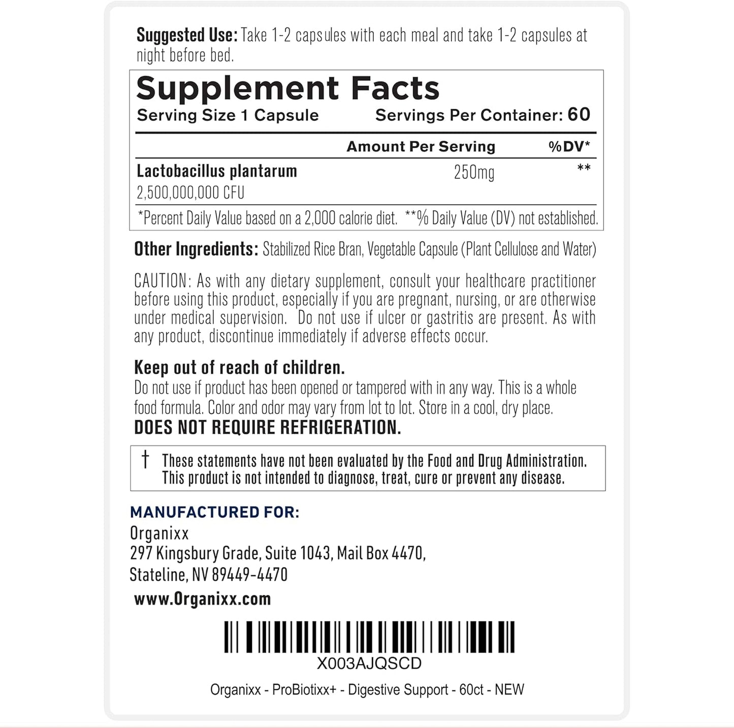 Organixx ProBiotixx+ Daily Probiotic Supplement for Digestive & Gut Health - 60 Capsules