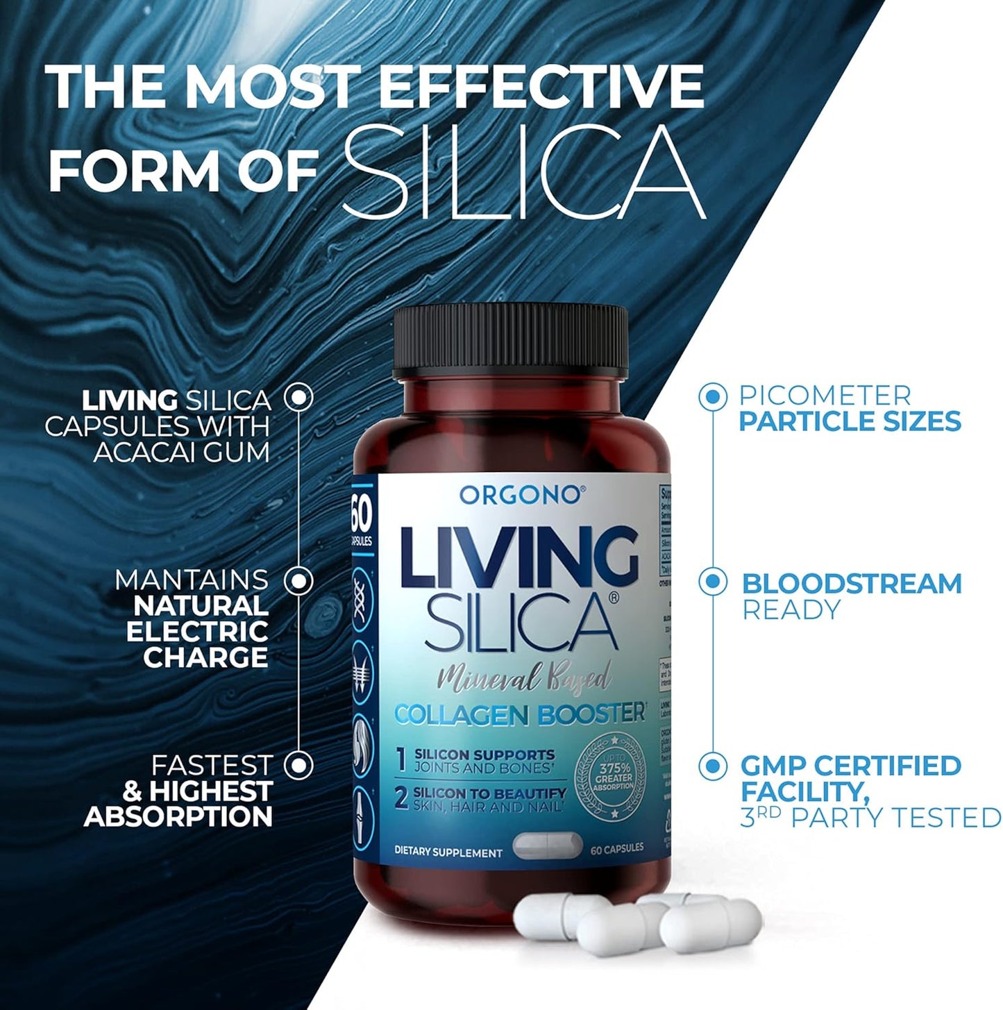 Orgono Living Silica Collagen Booster Capsules - Supports Healthy Collagen & Elastin Production for Joint & Bone Support, Glowing Skin, Strong Hair & Nails - High Absorption Formula