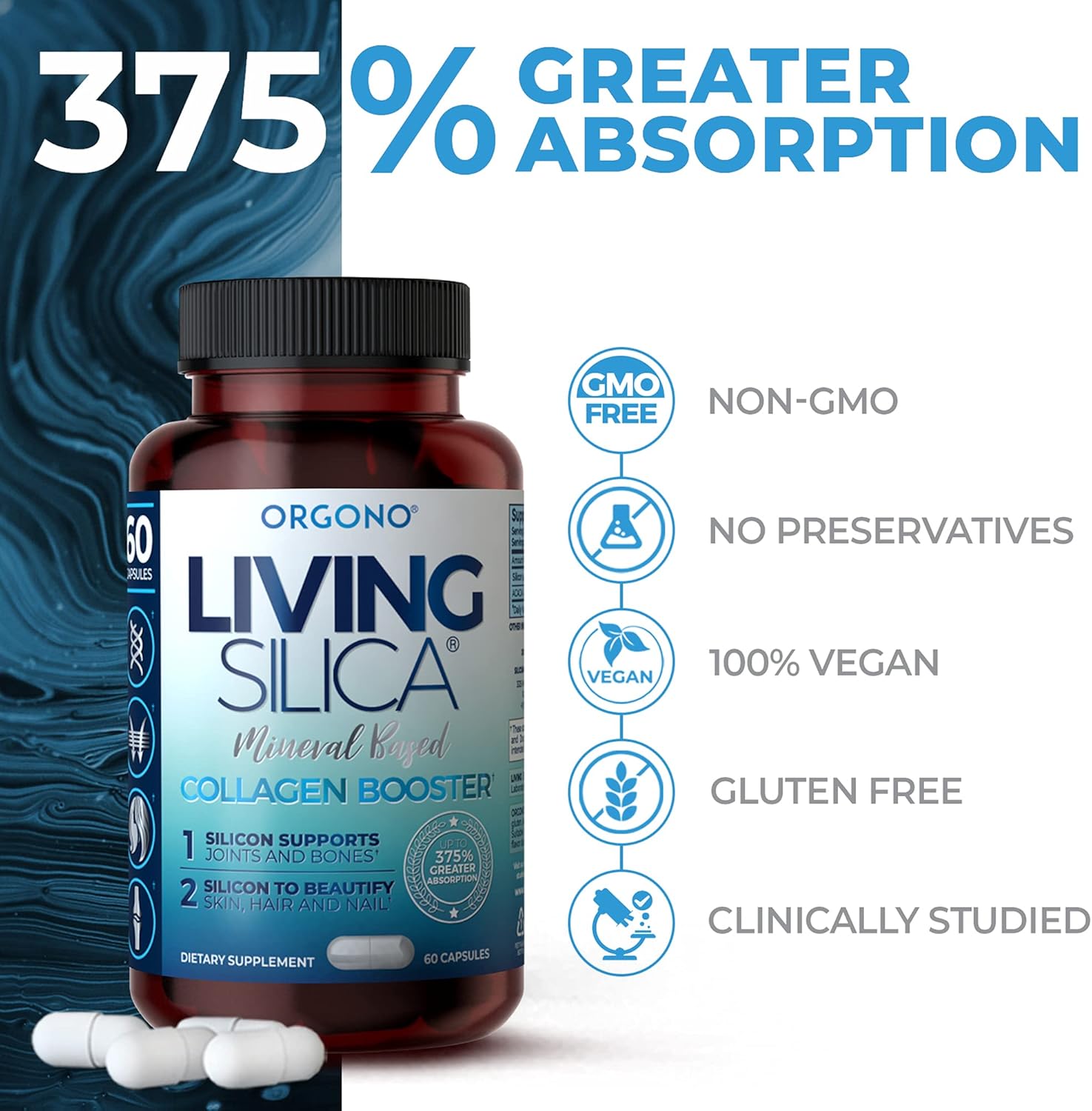Orgono Living Silica Collagen Booster Capsules - Supports Healthy Collagen & Elastin Production for Joint & Bone Support, Glowing Skin, Strong Hair & Nails - High Absorption Formula