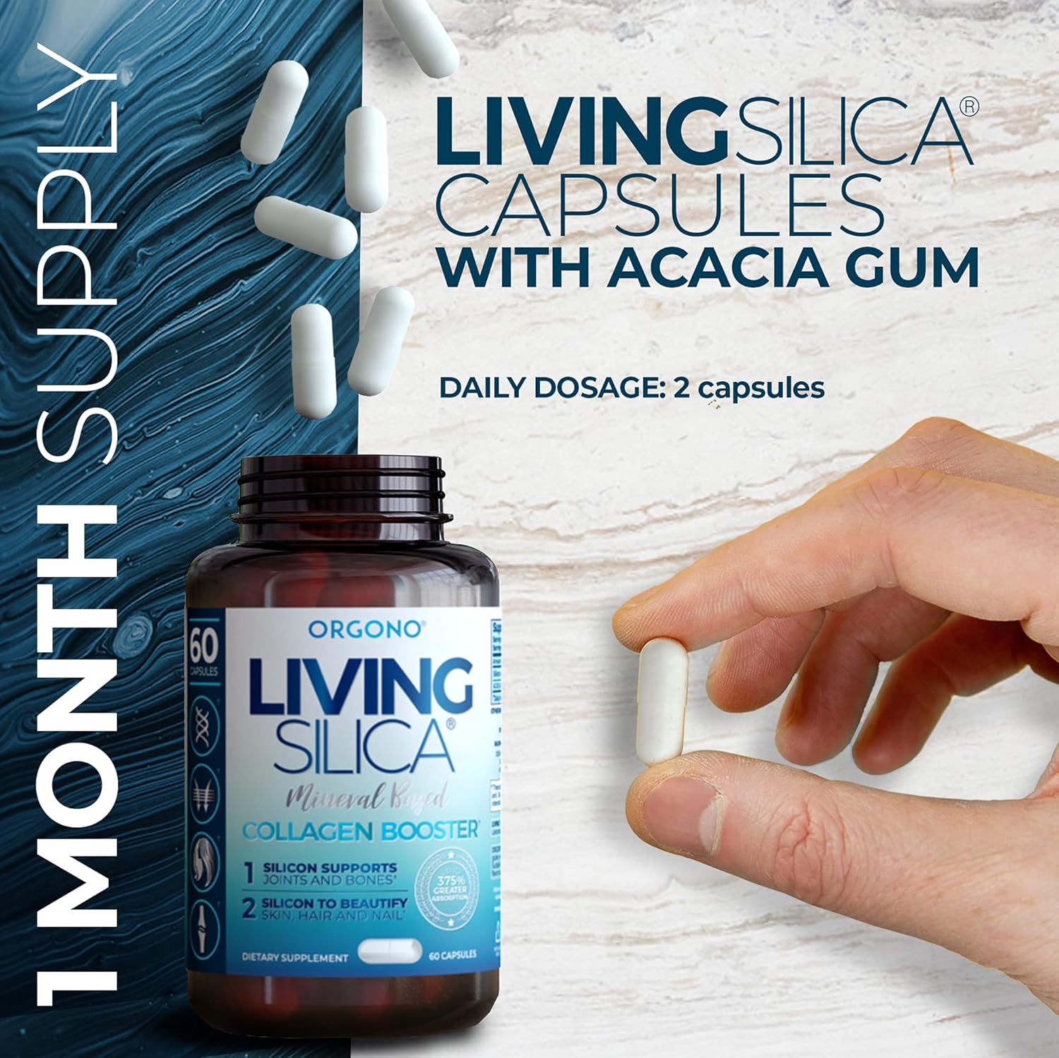 Orgono Living Silica Collagen Booster Capsules - Supports Healthy Collagen & Elastin Production for Joint & Bone Support, Glowing Skin, Strong Hair & Nails - High Absorption Formula