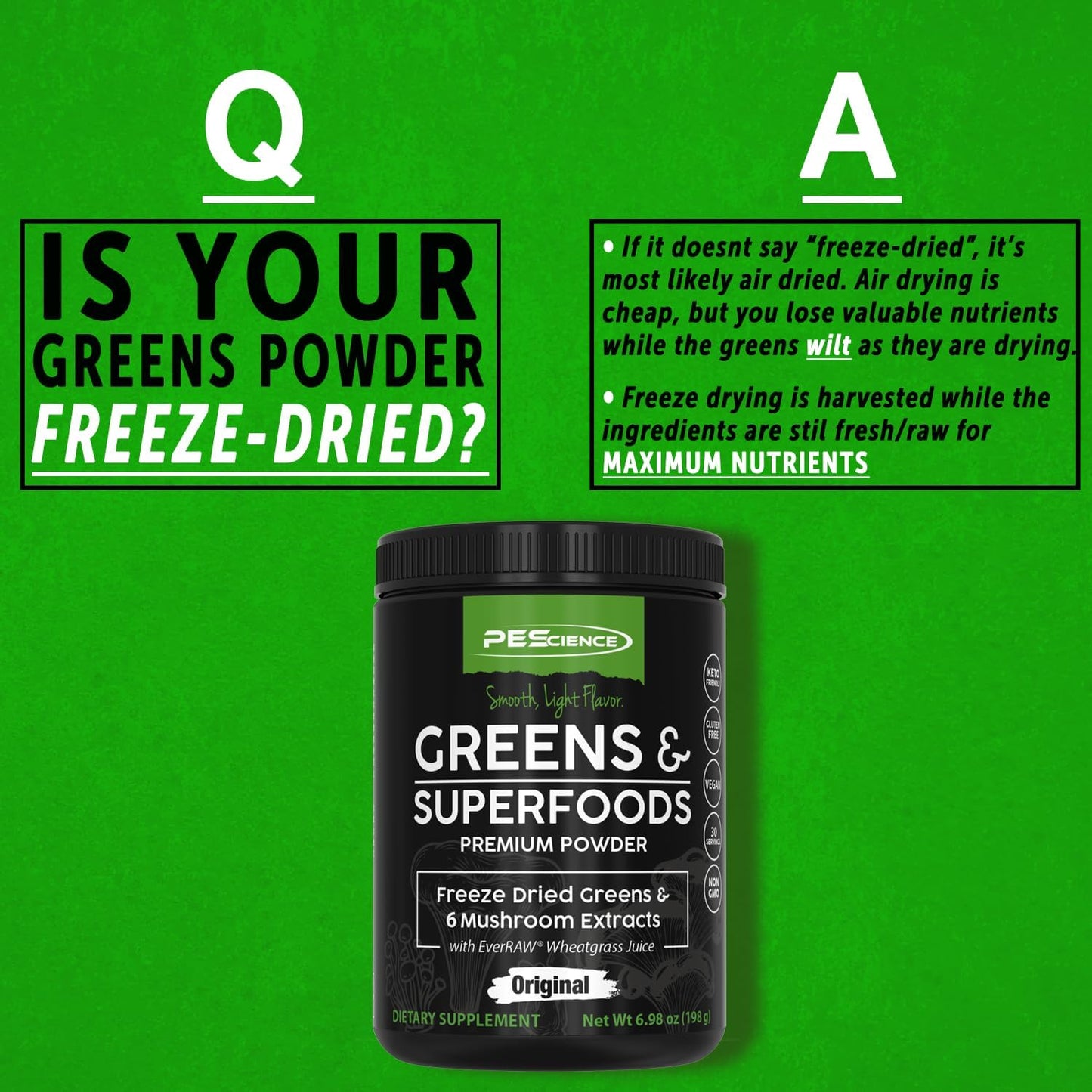 Original PEScience Greens & Superfoods Powder - 30 Servings, Turkey Tail Mushroom & Fruit Extracts Blend, Natural Chlorophyll Boost